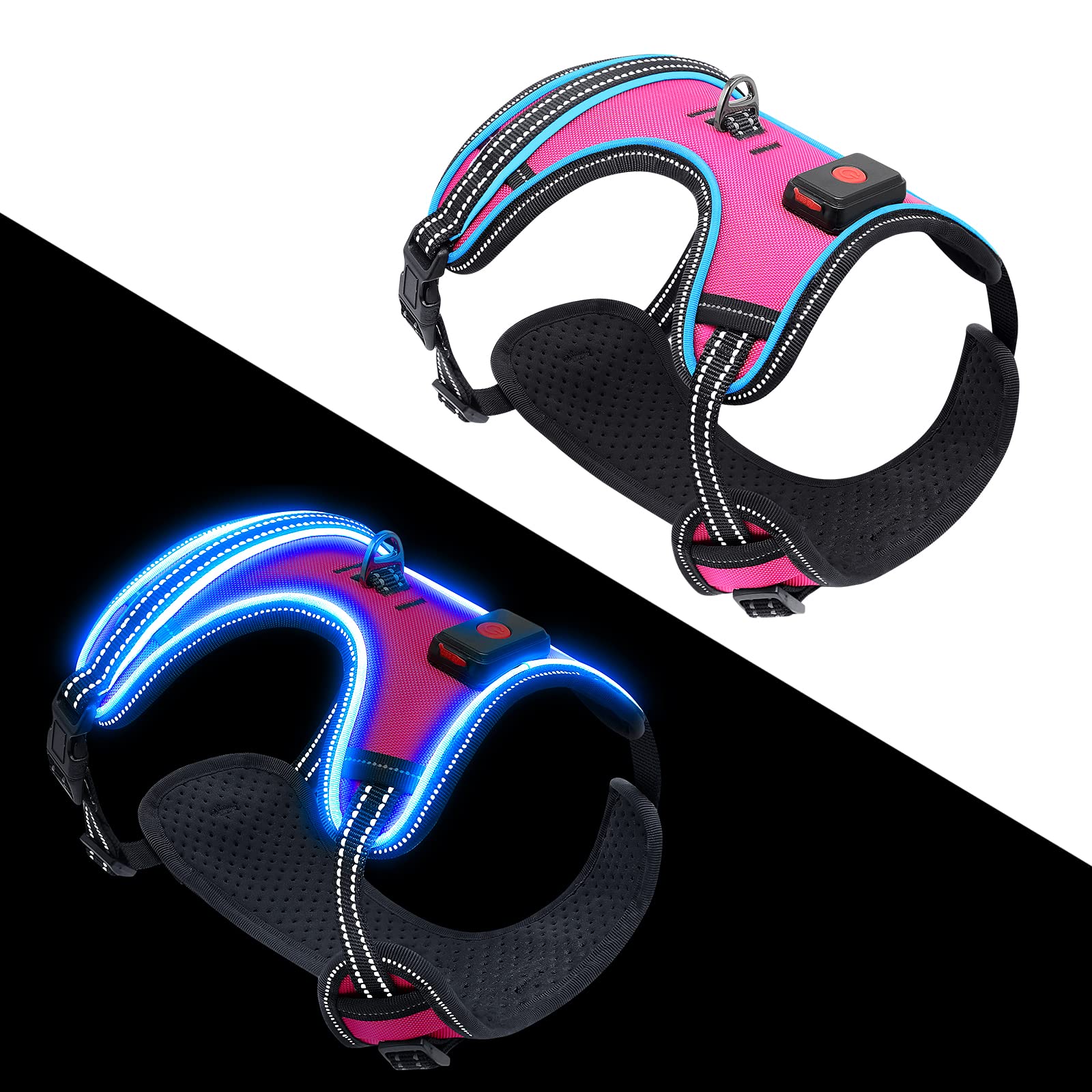 BSEEN Rechargeable LED Dog Harness - No Pull Reflective Safety Vest with Light Up Collar for Night Walking, Pink Large - Perfect for Evening Jogs, Dog Parks & Outdoor Adventures