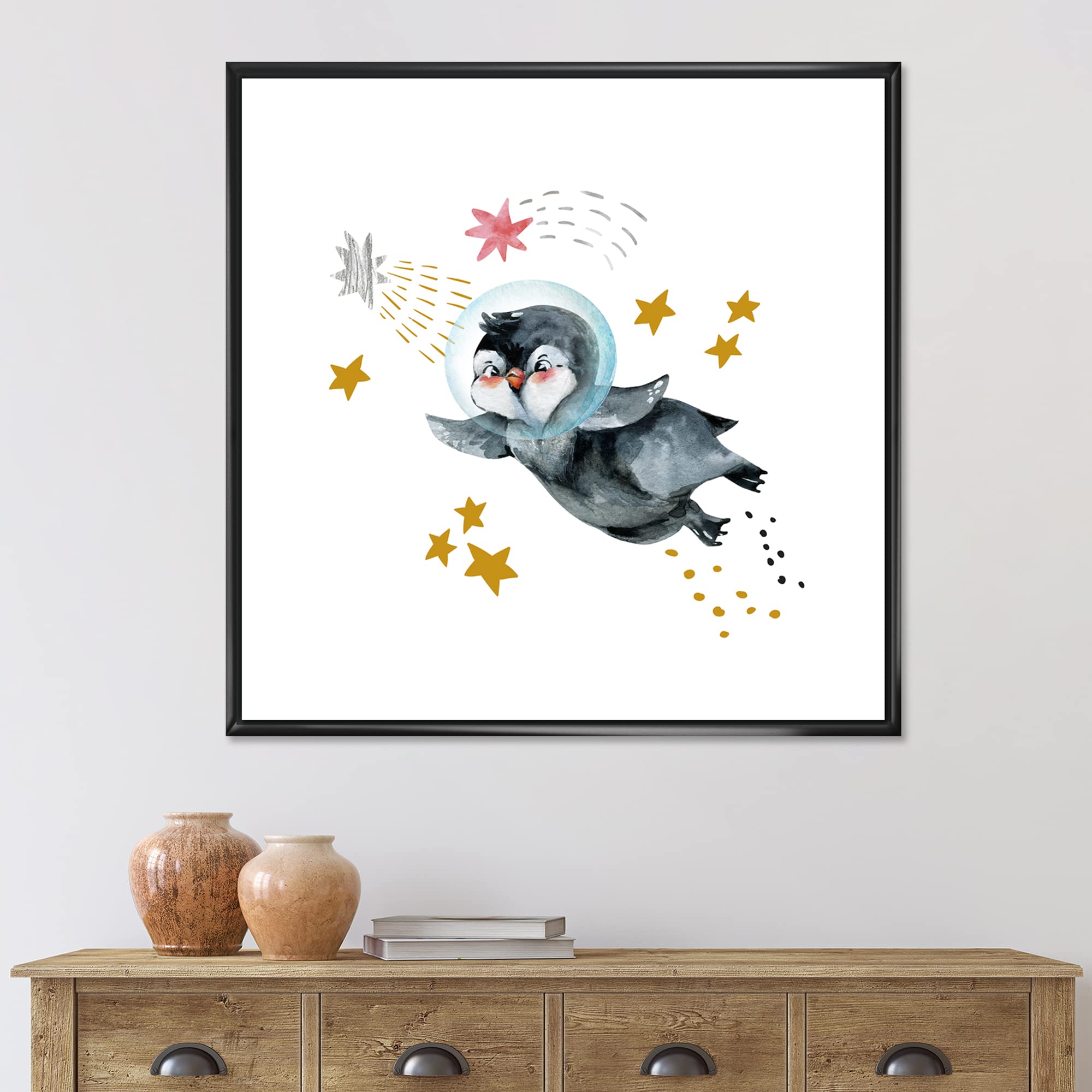 DesignQ Little Penguin Flying Stars and Planets I - Farmhouse Framed Canvas Wall Art Print for Living Room, Nursery & Bedroom Decor