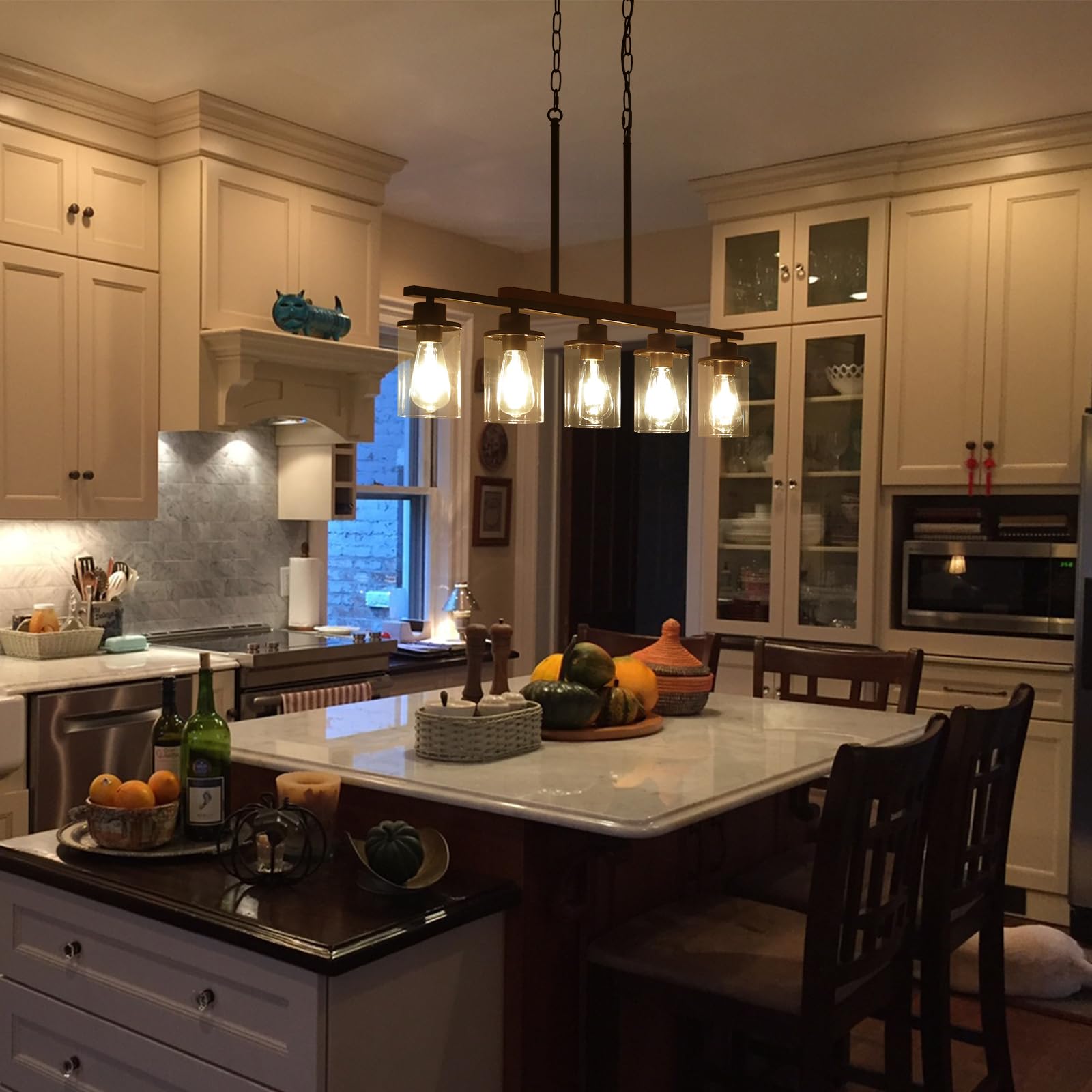 5-Light Black Farmhouse Chandeliers with Clear Glass Shade and Wood - Linear Ceiling Pendant Light Fixtures for Dining Room and Kitchen Island Lighting, Perfect for Modern and Rustic Home Decor