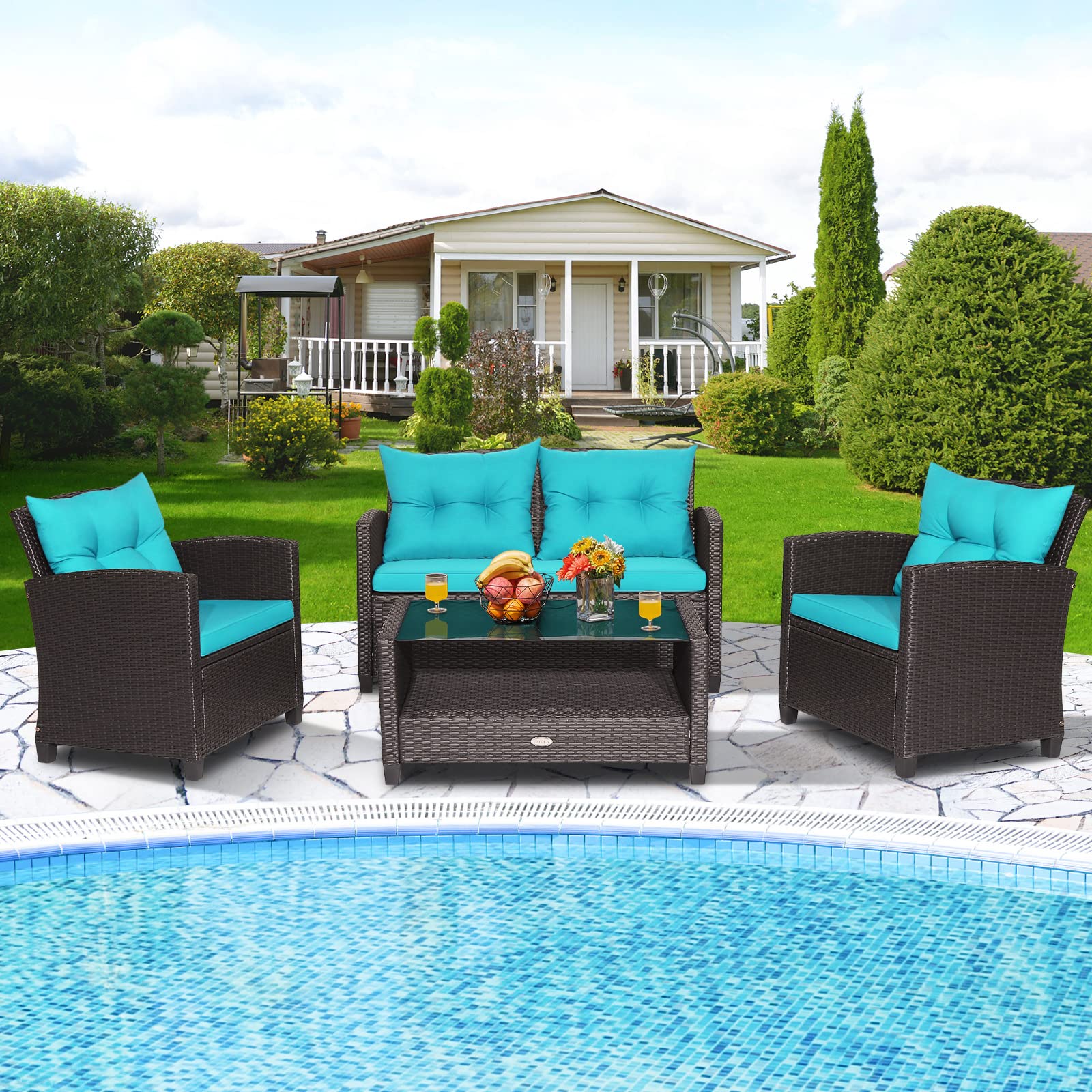 Tangkula 4-Piece Outdoor Patio Furniture Set - Rattan Wicker Sofa Set with 1 Loveseat, 2 Single Chairs & Tempered Glass Coffee Table - Perfect for Backyard, Garden, Poolside & Porch Relaxation