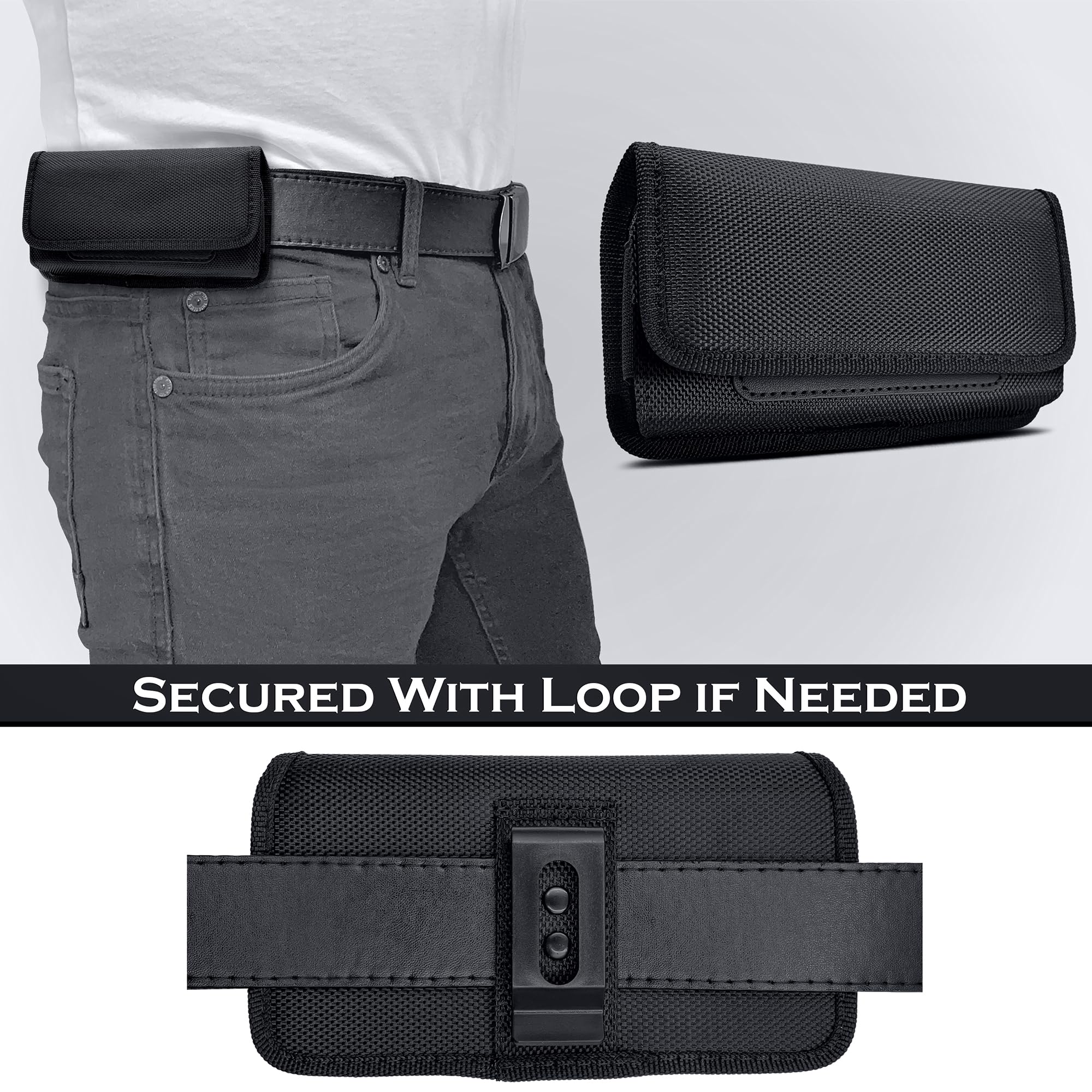 Durable Nylon Phone Holster for iPhone 15/14/13/12/11/XR & Samsung Galaxy S24/S23/S22 - Belt Clip Pouch with ID Card Slot (Compatible with Otterbox Commuter Case) | Perfect for Construction, Hiking, Running & Outdoor Activities