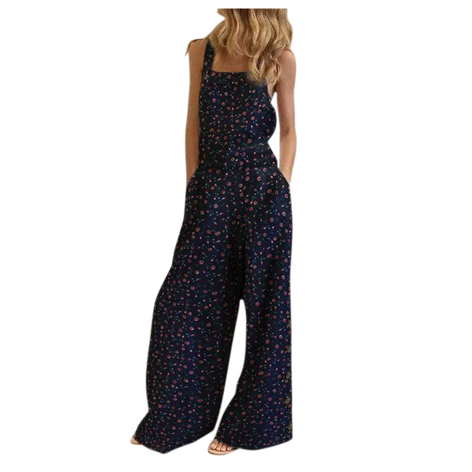 Women's Plus Size Floral Printed Wide Leg Jumpsuit Overalls - Casual Baggy Pants with Pockets for Everyday Wear, Spring Outfits & Boho Fashion