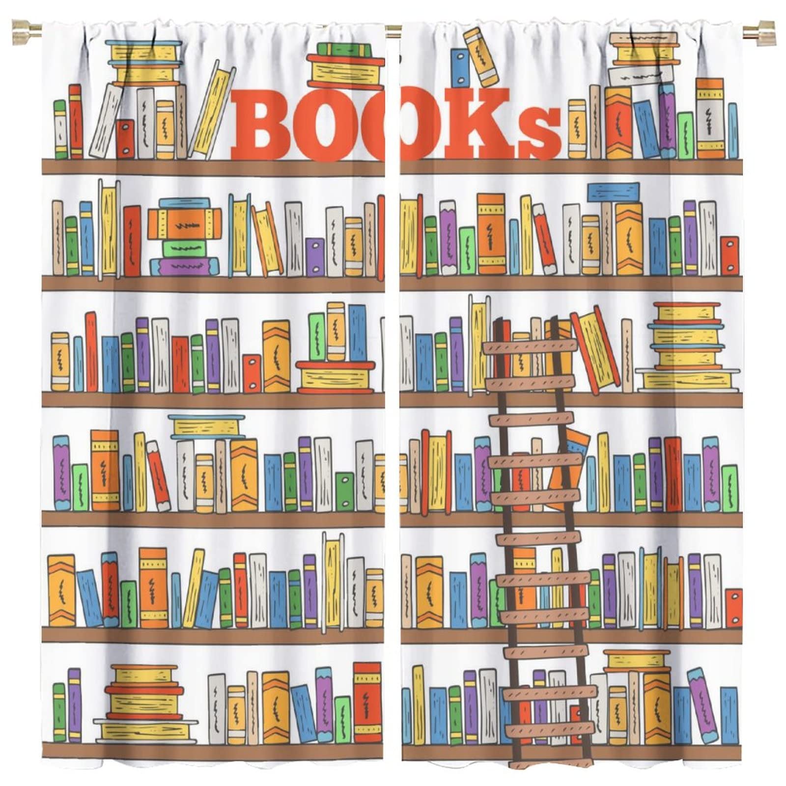 Modern Bookshelf Blackout Curtains - 42x45 Inch Jacquard Library Ladder Design for Kids Room & Bedroom Decor - Perfect for Reading Nooks, Study Areas, and Nursery Blackout Solutions
