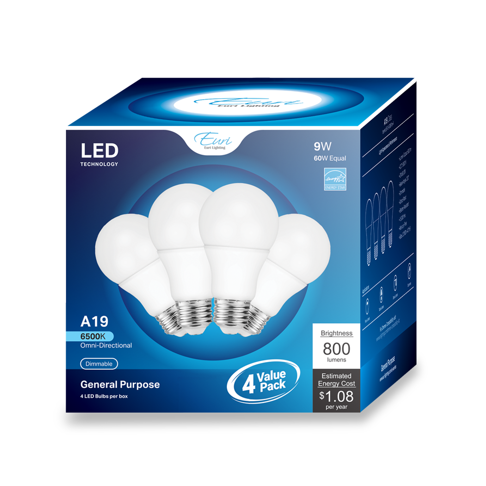 Euri Lighting 4-Pack LED A19 Light Bulb - 9W (60W Equivalent), 800 Lumens, 6500K Daylight, Dimmable, E26 Medium Base, 120V - Perfect for Home, Office, and Commercial Lighting