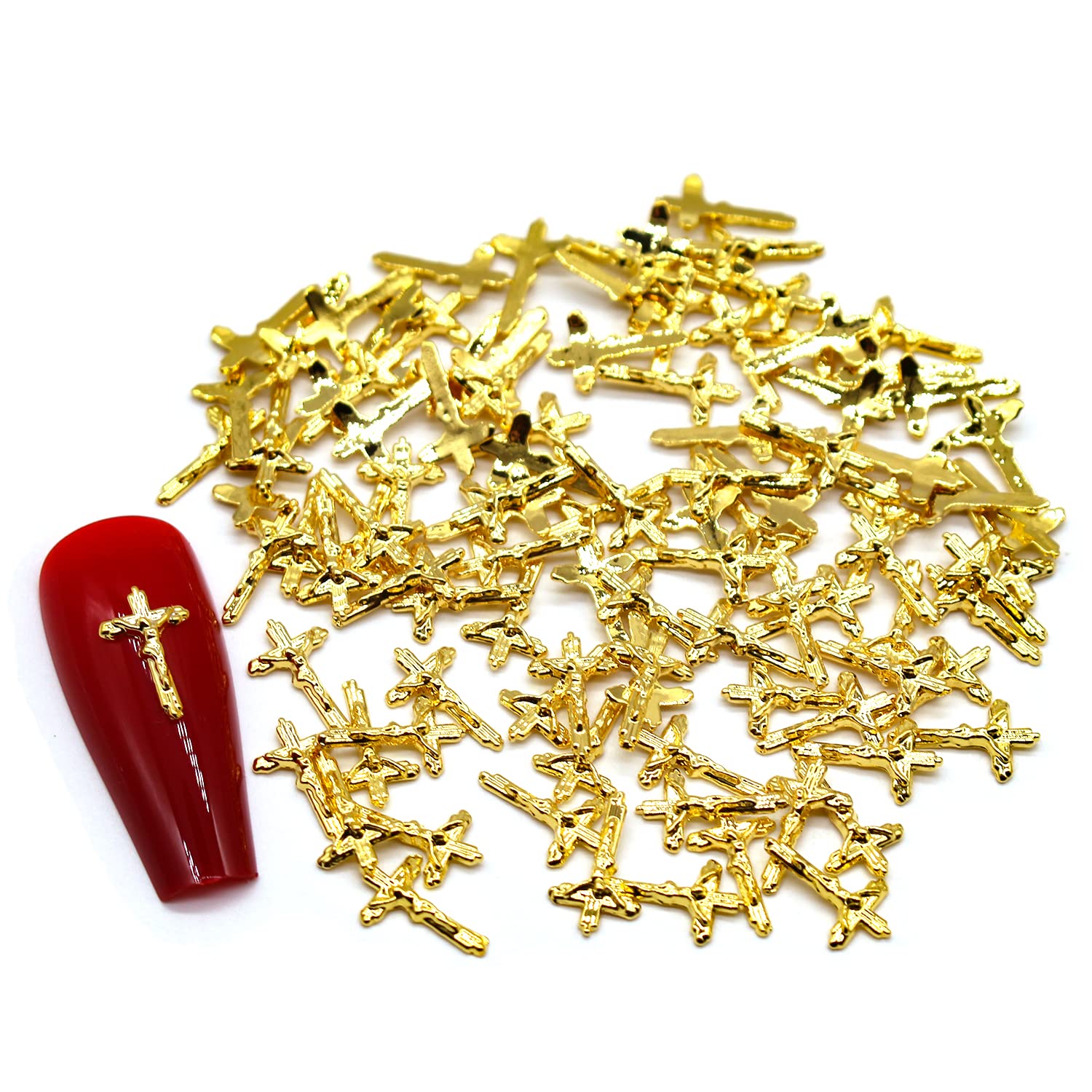 SILPECWEE 100 Pieces Gold Cross Nail Charms - 3D Metallic Nail Art Jewels for DIY Nail Decoration & Crafting - Perfect for Acrylic Nails, Gel Polish, Manicures and Nail Art Designs