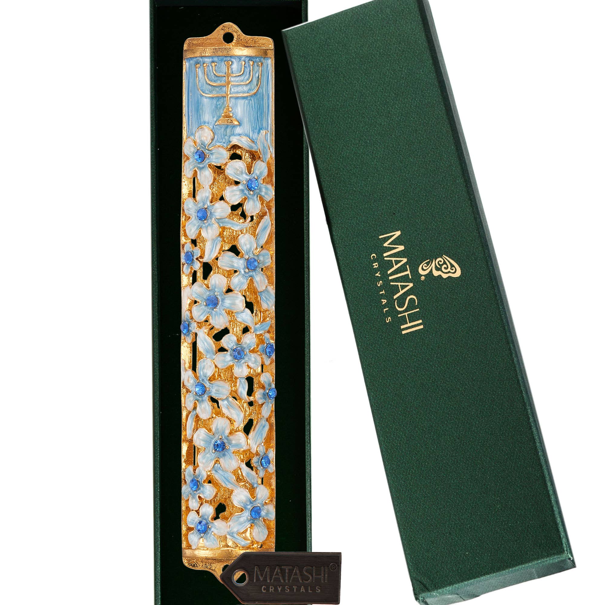 Hand Painted 5.5 Inch Blue & White Enamel Mezuzah - Traditional Jewish Door Blessing Scroll Case for Home & Office Protection