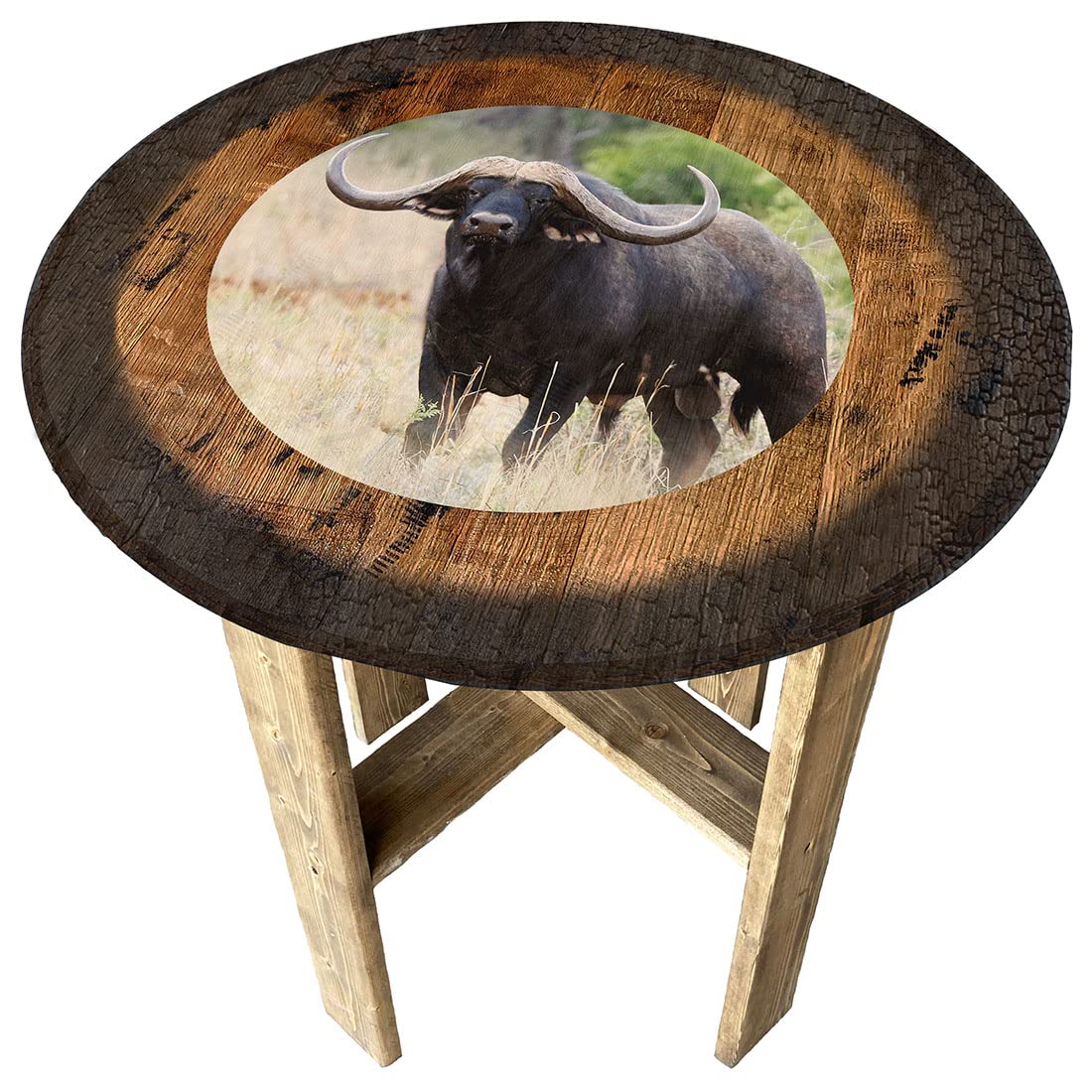 Longhorn Cow Pub Gift - Farmhouse Rustic Round Whiskey Barrel End Table for Living Room, Bar, or Man Cave Decor