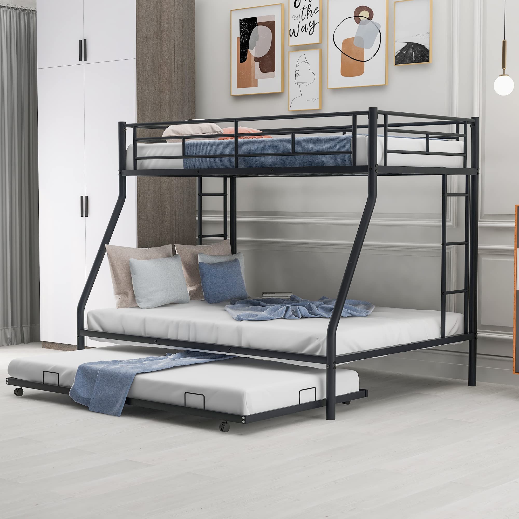 Twin Over Full Metal Bunk Bed with Trundle - Sturdy Bunk Beds for Kids, Teens & Adults - No Box Spring Required - Perfect for Small Rooms, Guest Rooms & Vacation Homes