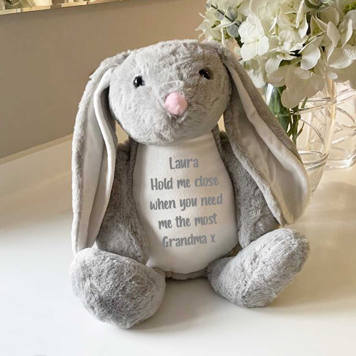 Personalized Grey Voice Recording Keepsake Bunny - Record & Preserve Special Messages for Baby's First Words, Birthday Wishes & Family Memories (Perfect Baby Shower Gift & Nursery Decor)
