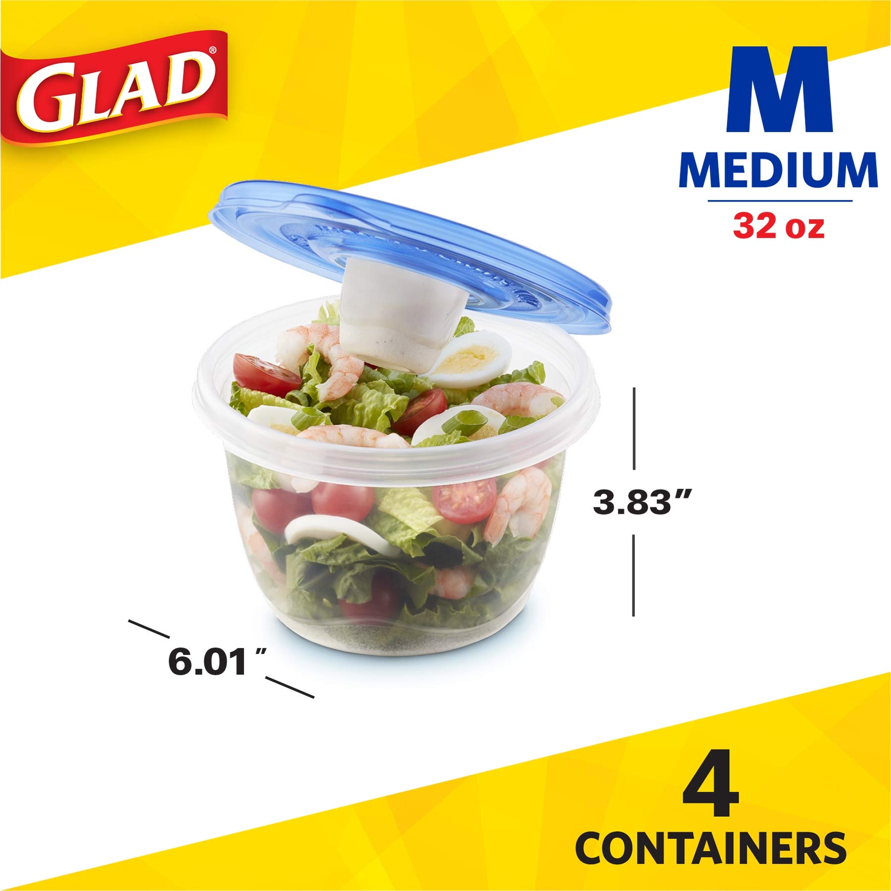 GladWare To Go Lunch Food Storage Containers | 32 oz Round Meal Prep Containers with Lids, 4-Piece Set (Pack of 6) – Perfect for Office Lunches, Picnics & Leftovers