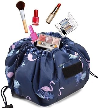 Flywind Stylish Portable Lazy Cosmetic Bag with Drawstrings | Waterproof Makeup Pouch for Women & Girls | Large Capacity Travel Toiletry Bag | Perfect for Gym, Beach, Vacation (Navy Flamingo)