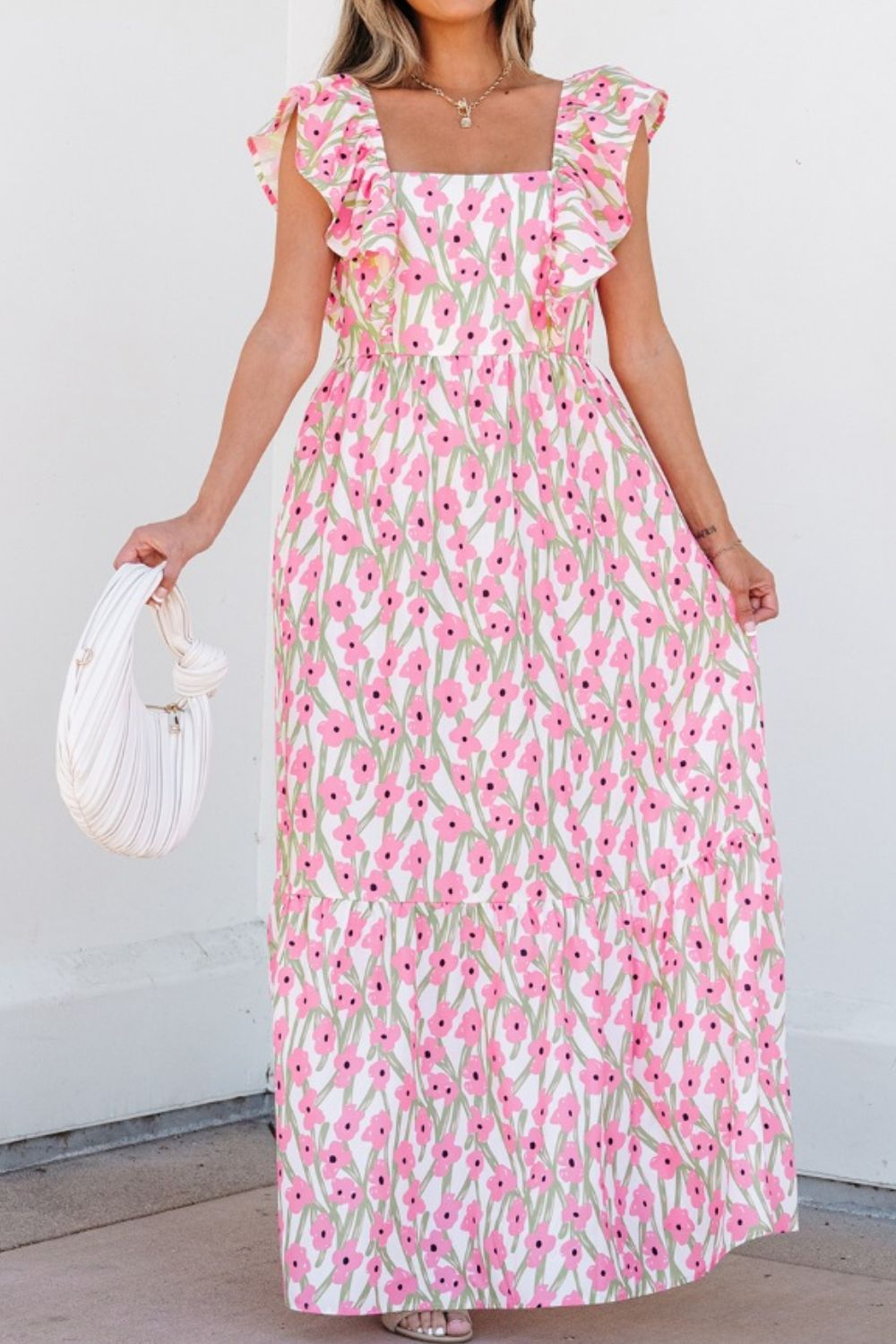 Elegant Pink Ruffled Cap Sleeve Maxi Dress for Women | Summer Beach Wedding Guest Dress | Flowy Boho Chic Long Dress for Vacations & Parties