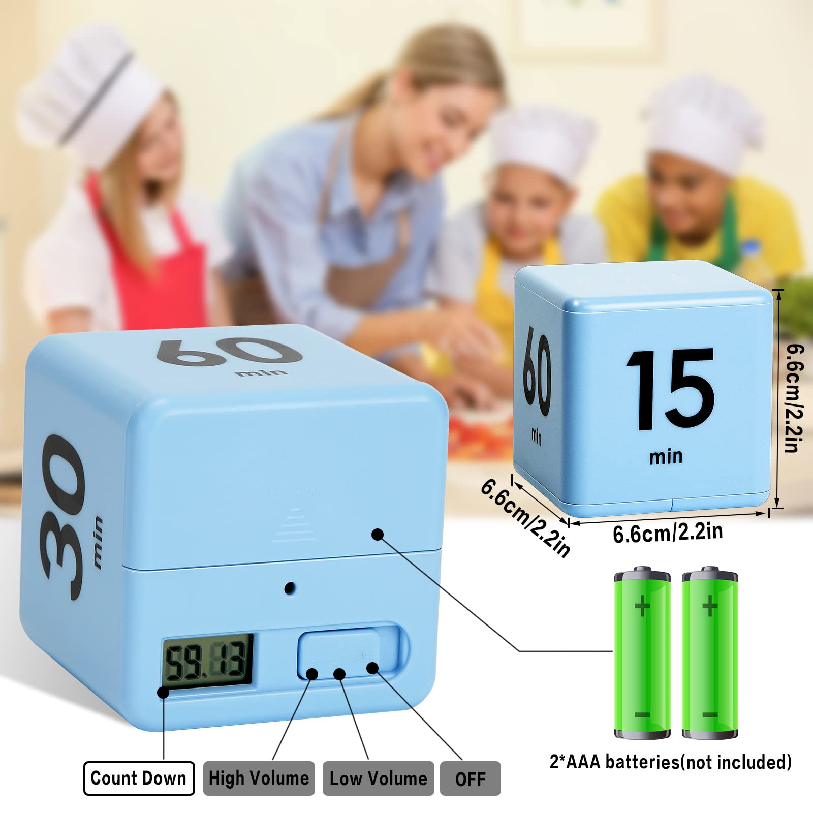 Weewooday 2.6 Inch Cube Timer Block - ADHD Focus Tool, Productivity Timer for Work & Study with Gravity Sensor - 15/20/30/60 Minute Countdown - Blue (Perfect for Kitchen, Office, Gym & Classroom Time Management)