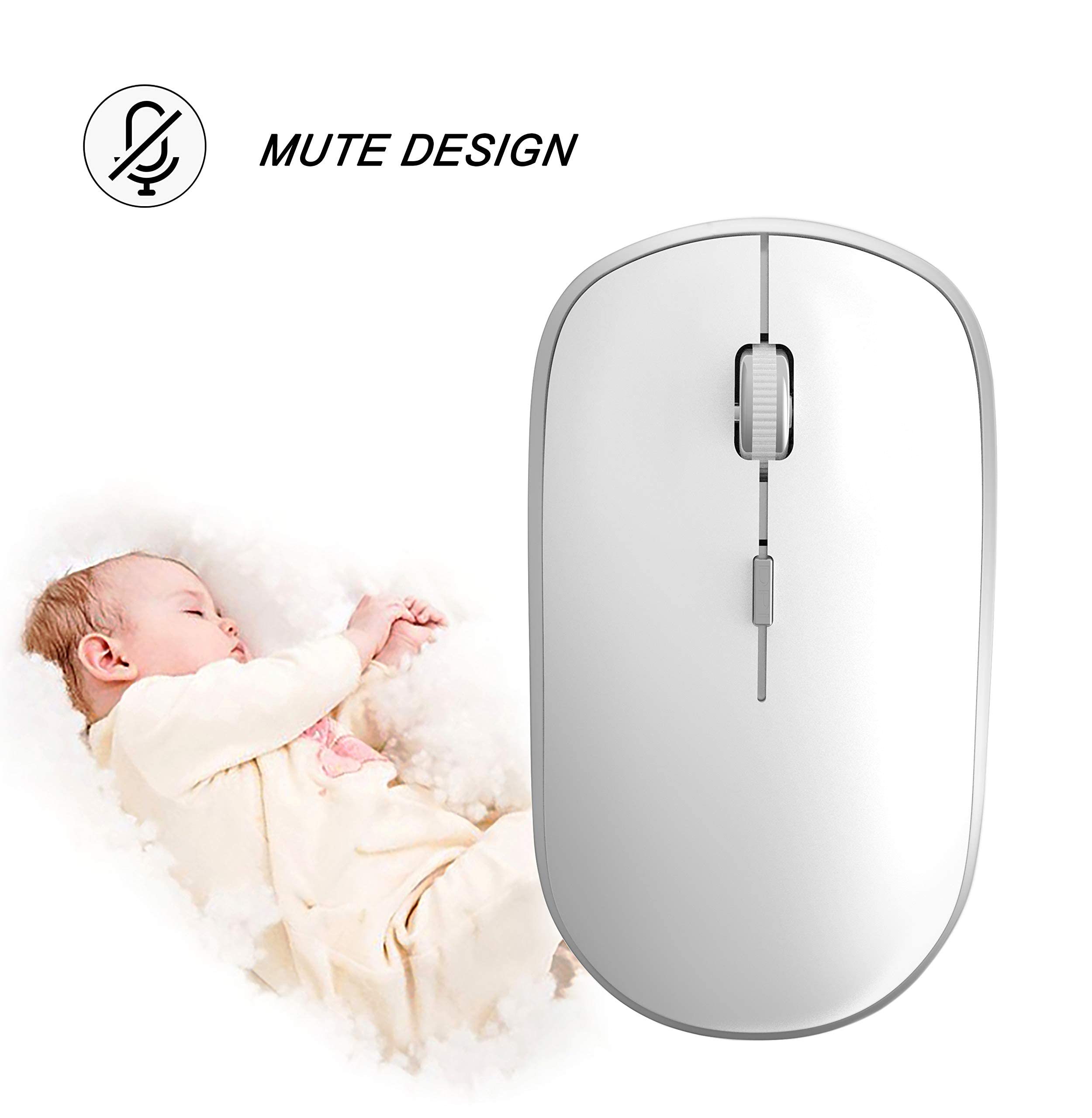 J JOYACCESS 2.4G Wireless Silent Mouse - Slim Portable USB Computer Mouse with 2400 DPI for Laptop, Notebook, MacBook, Chromebook, PC (White & Silver) - Perfect for Office Work, Home Use, and Travel