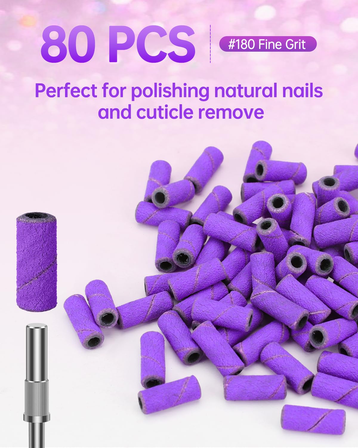 YBLNTEK 80 Pcs 180 Grit Nail Sanding Bands for Drill - 3.1mm Mandrel Bit, Fine Grit Sanding Bands for Acrylic & Gel Nails Removal - Professional & Home Nail Care (Purple) - Perfect for Nail Salons, DIY Manicures & At-Home Nail Art