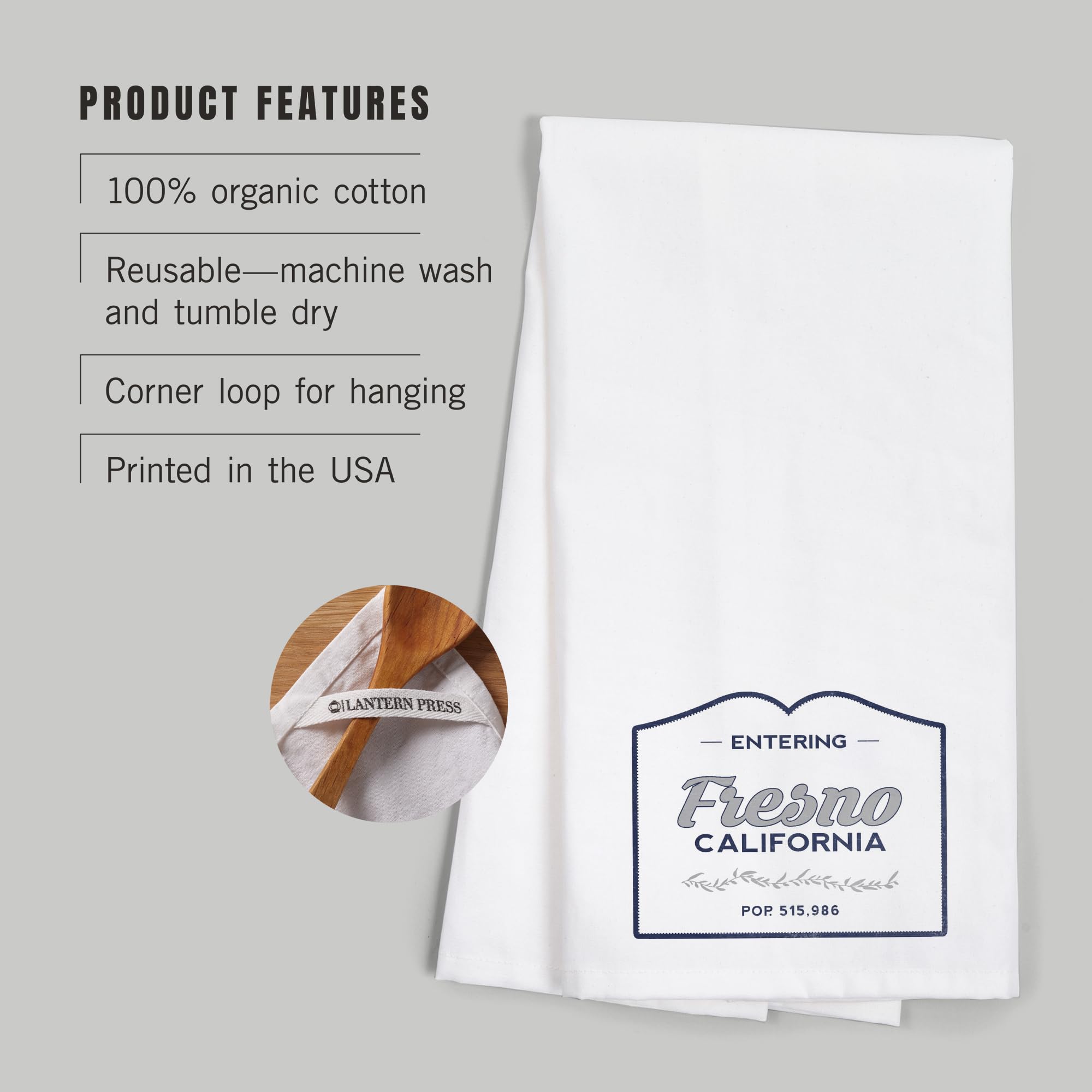 Lantern Press Fresno California Now Entering Blue 100% Cotton Tea Towel - Decorative Hand Towel for Kitchen, Home Decor & Gifts - Perfect for Drying Dishes, Decorating & Hostess Gifts