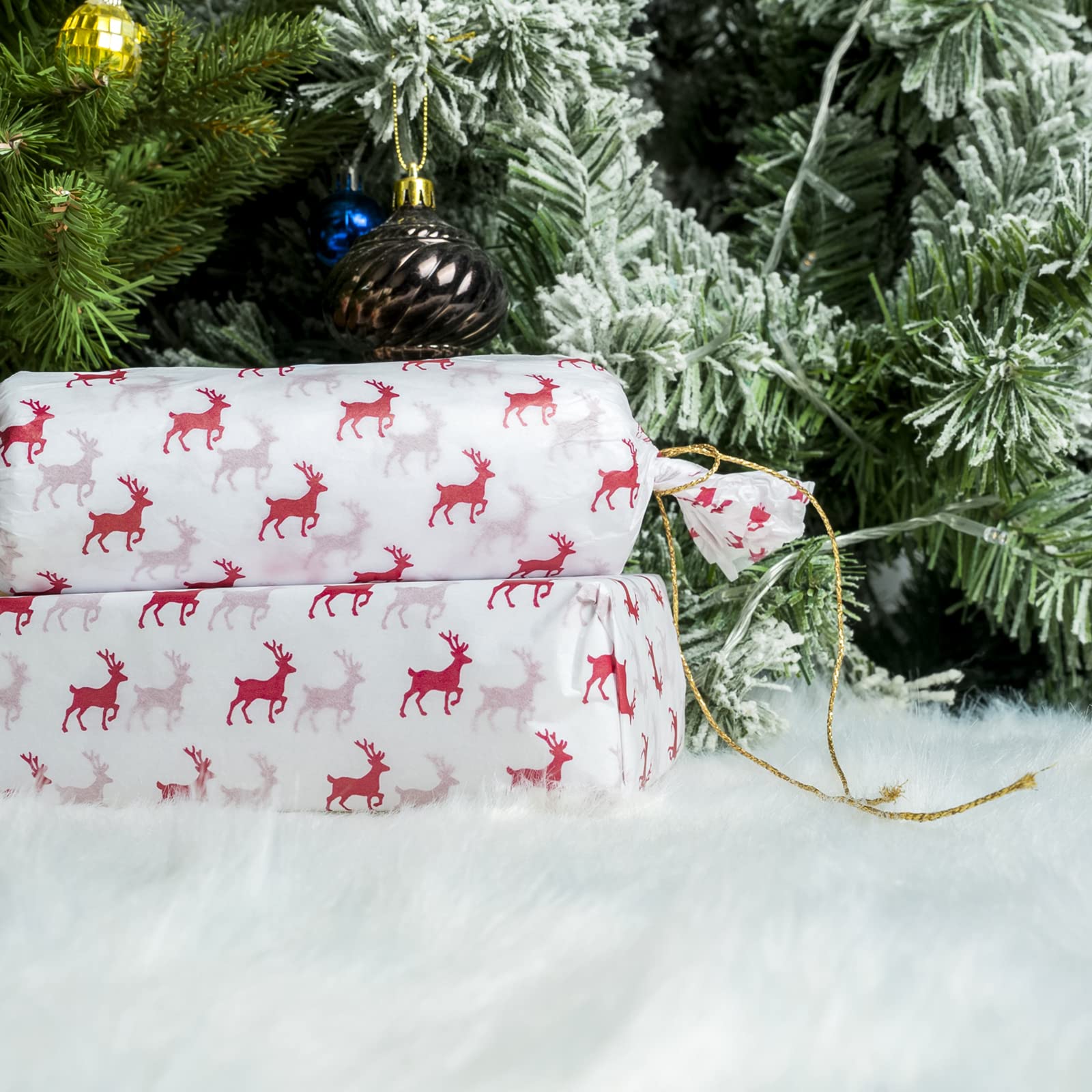 Premium Christmas Wrapping Tissue Paper - 25 Sheets Red Holiday Deer Design - 19.6