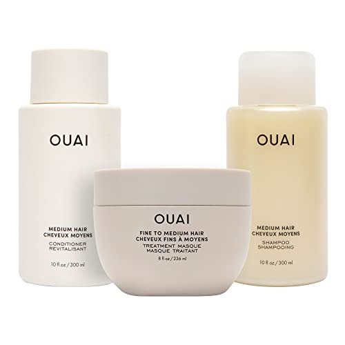 OUAI Fine/Medium Hair Treatment Masque Full Size + Fine Shampoo + Fine Conditioner Set - Hydrating & Repairing Hair Care Bundle for Damaged Hair (Perfect for Salon-Quality Treatment at Home)