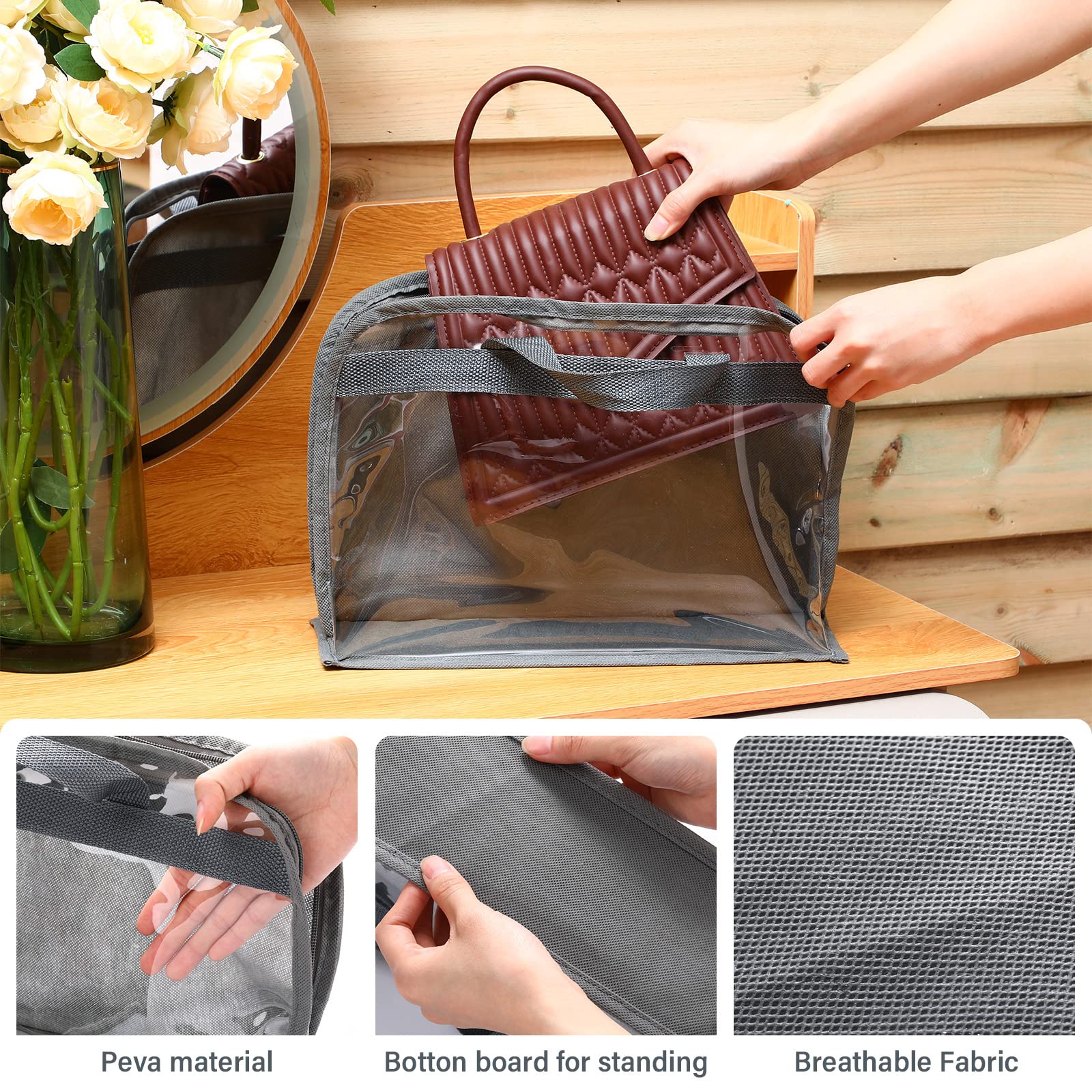 15 Pcs Clear Dustproof Handbag Storage Organizer with Zipper & Handles - 3 Sizes (5 Each) for Purse Closet Organization | Perfect for Travel, Home & Office Storage (Gray)