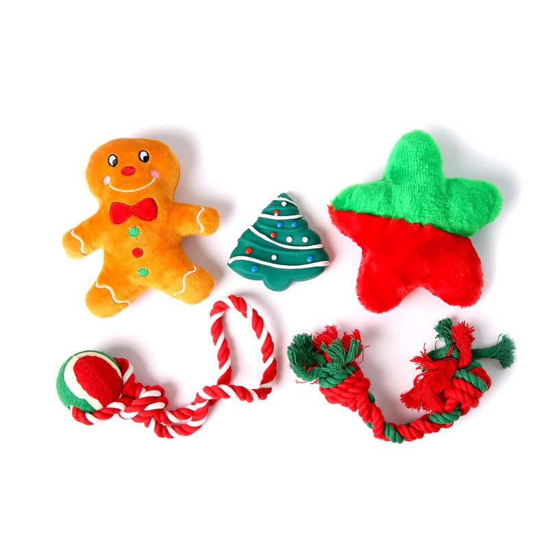 Christmas Dog Stocking Gift Set - 5 Pack Festive Puppy Stockings with Squeaky Toys & Cotton Rope Toys - Perfect for Holiday Pet Gifts & Christmas Puppy Surprises