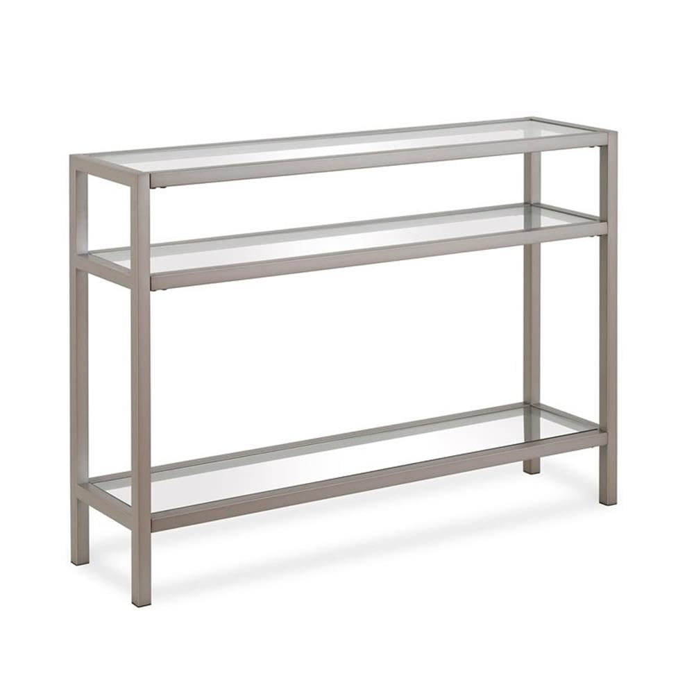 Pemberly Row Traditional 42 Inch 3-Shelf Metal Console Table in Satin Nickel & Gray - Perfect for Entryway, Living Room, or Hallway Decor