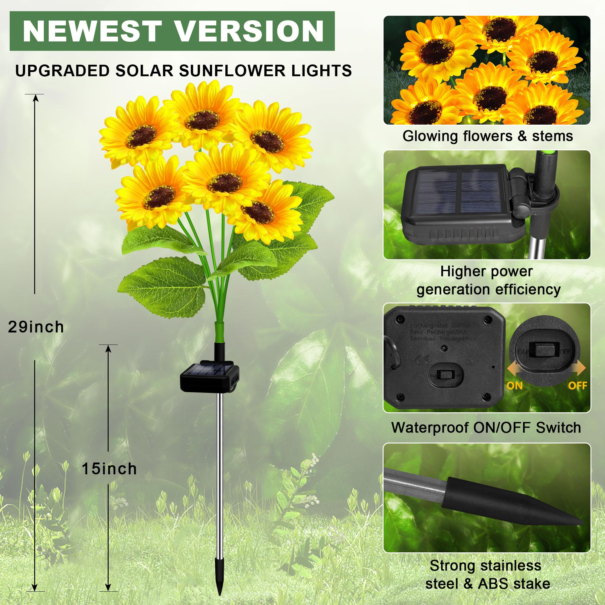 Solar Sunflower Lights Outdoor - 24 LED Sunflower Garden Stake Lights (4 Pack) - Waterproof Solar Powered Decorative Lights for Yard, Lawn, Pathway & Patio Decor