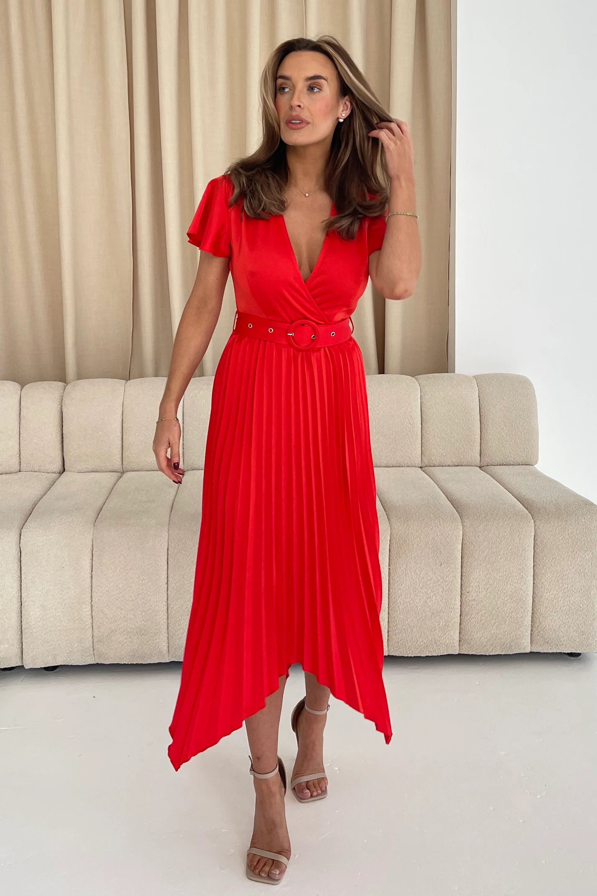 Brooklyn Asymmetric Pleated Midi Dress for Women - Flowy Red Party Dress with Side Slit, Perfect for Cocktail Parties, Date Nights & Special Occasions