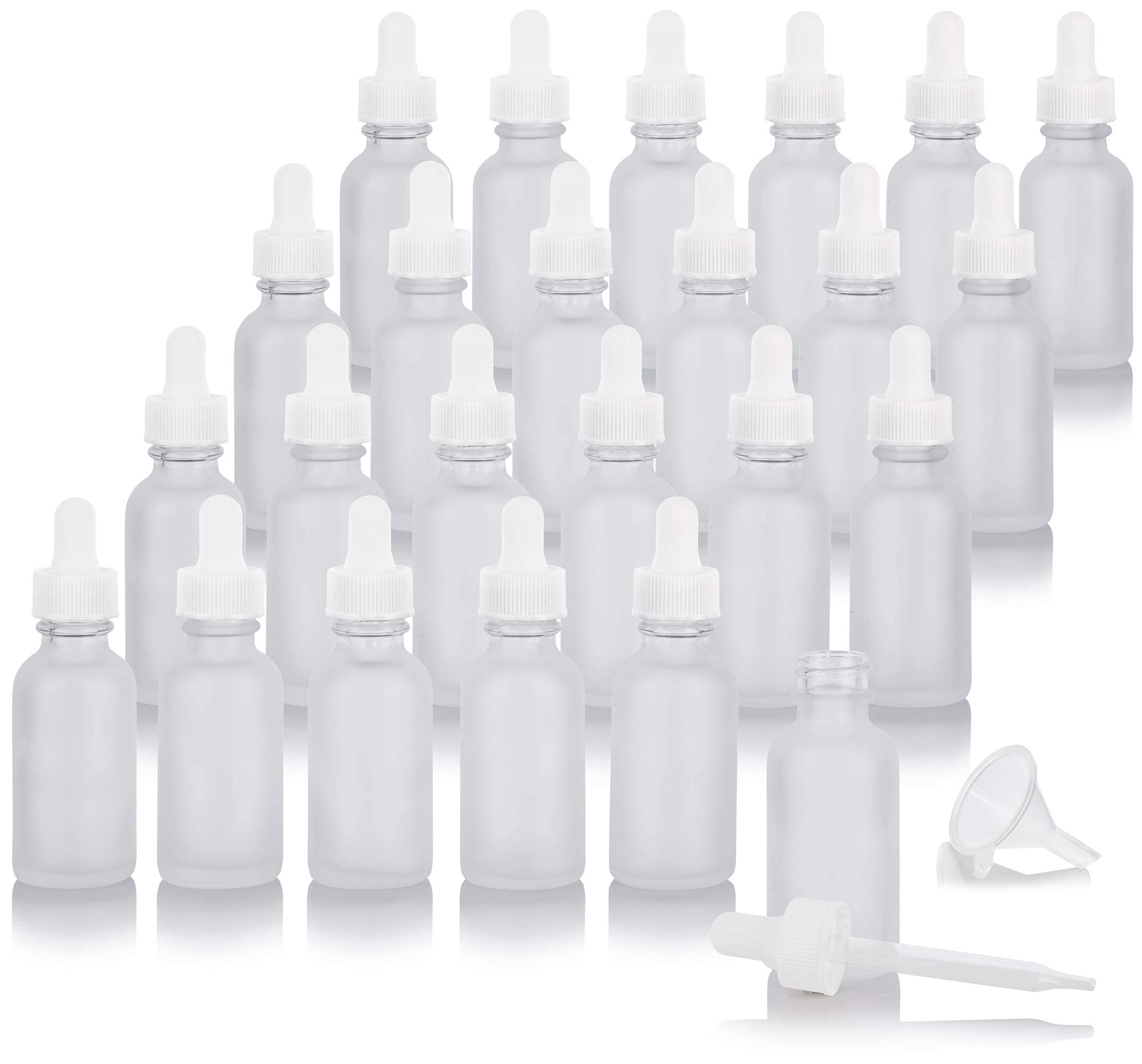 JUVITUS 1 oz Frosted Clear Glass Boston Round Bottle with White Dropper (24 Pack) + Funnel - Essential Oil, DIY Beauty, Aromatherapy & Travel-Sized Storage Solution
