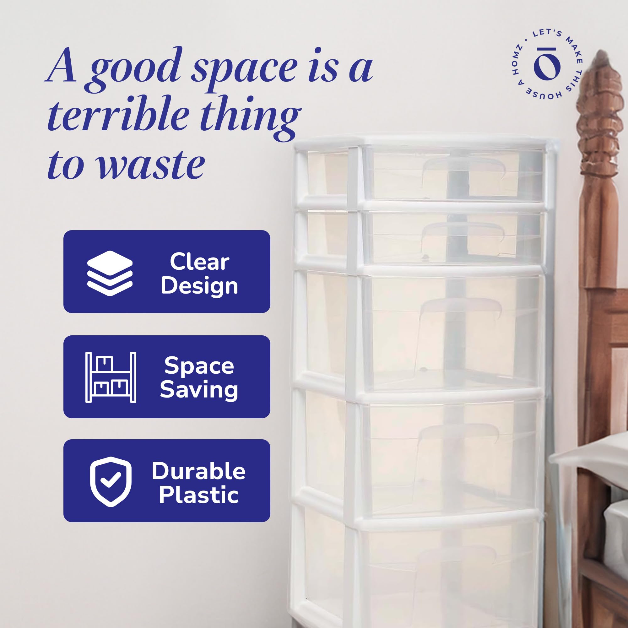 HOMZ 2-Pack 5-Tier Clear Plastic Storage Drawer Tower Organizer with White Frame - Perfect for Bedroom, Closet, Office & Craft Room Organization