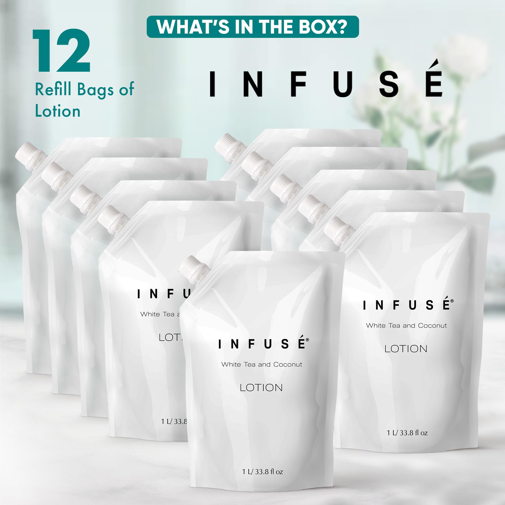 Infuse White Tea & Coconut Scented Lotion Refill - 1 Liter Bulk Pack (12 Count) | Hydrating Body Moisturizer for Dry Skin, Spa & Home Use
