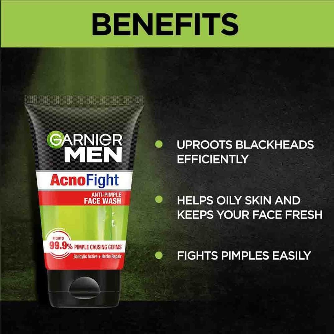 Garnier Men Acno Fight Anti-Pimple Face Wash 100g & Brightening Moisturizer 45g - 2-Piece Acne Treatment Set for Men | Combat Breakouts & Improve Skin Tone | Daily Skincare Routine for Oily & Acne-Prone Skin