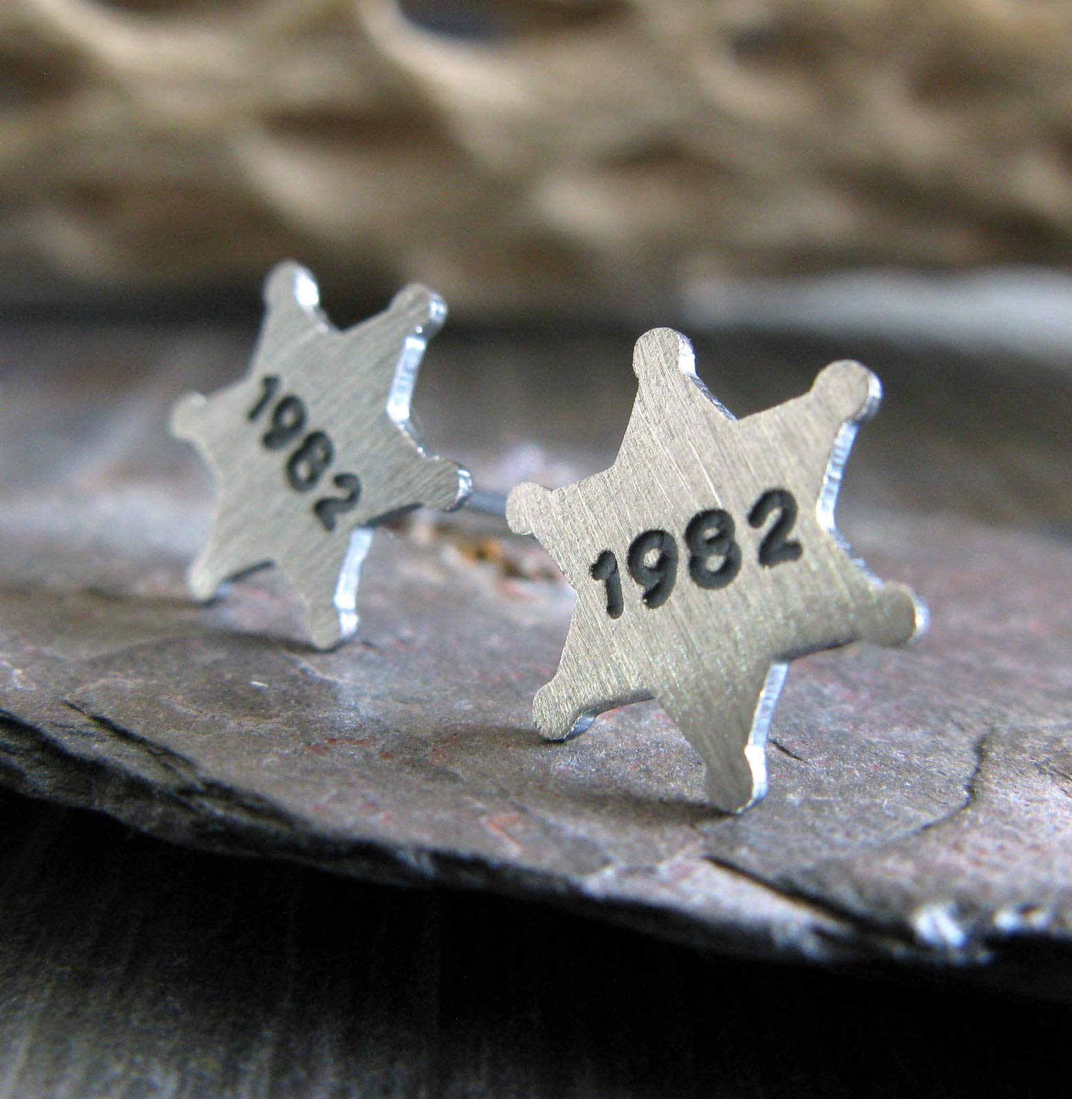 Custom Sheriff Star Badge Stud Earrings - Engraved Number, Brushed Sterling Silver - Handmade in USA - Perfect for Western Costumes, Cowboy Parties & Law Enforcement Appreciation Gifts