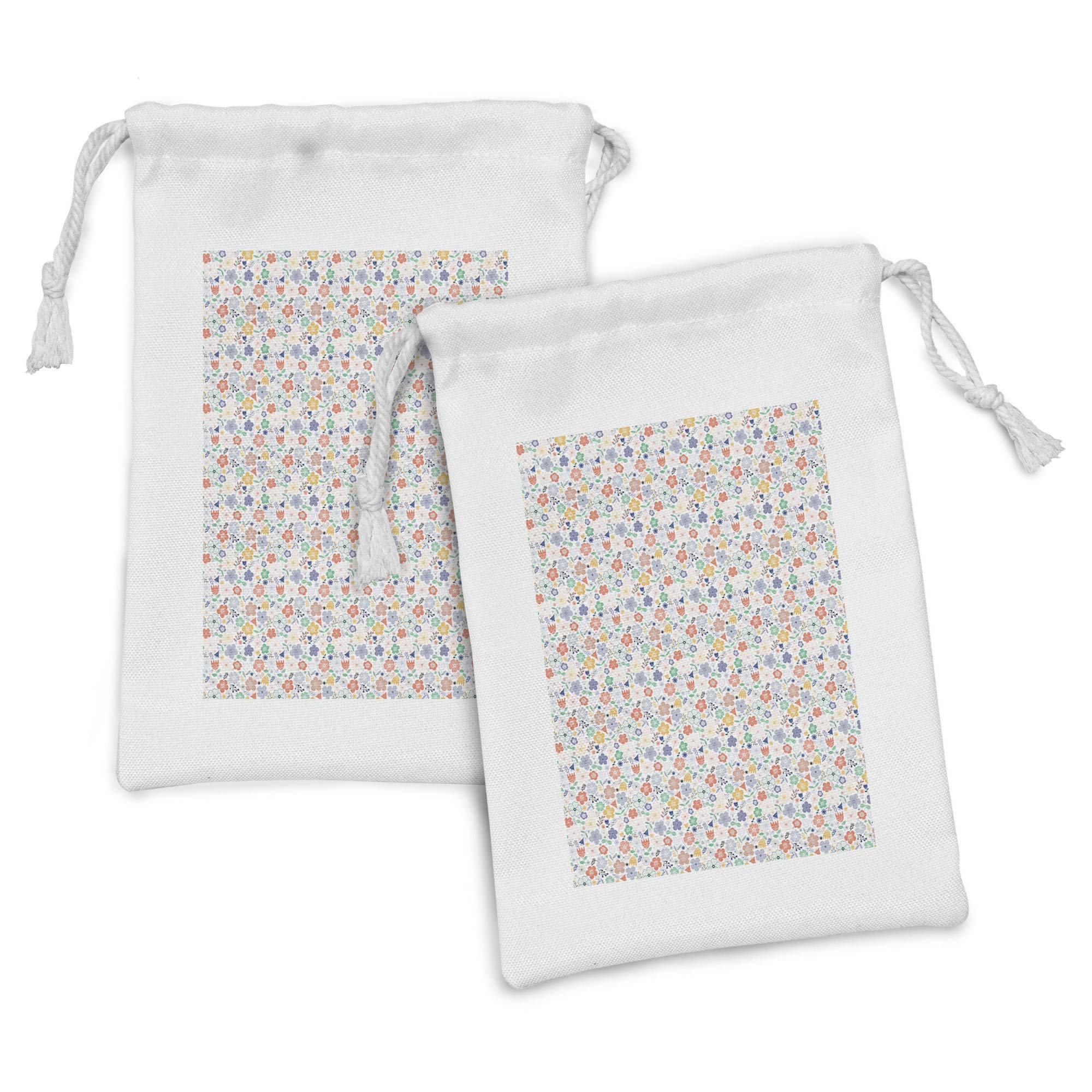 Ambesonne 2-Pack Spring Floral Fabric Pouches - Scandinavian Style Meadow Flowers Drawstring Bags (9