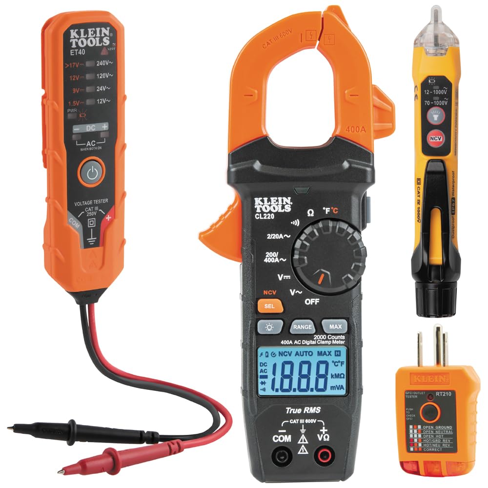 Klein Tools CL220VP Digital Clamp Meter Kit - Non-Contact Voltage Tester, GFCI Outlet Tester, AC/DC Voltage Detector - Professional Electrical Testing Tools for Electricians, HVAC Technicians & Home DIY Projects