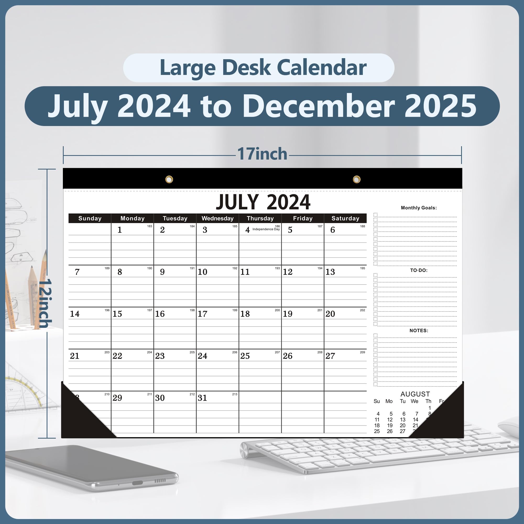 2024-2025 Desk Calendar - 18 Month Planner from July 2024 to December 2025 | 12x17 Inch Large Format with Perforated Pages | Perfect for Classroom, Office & Family Planning (2-Pack)