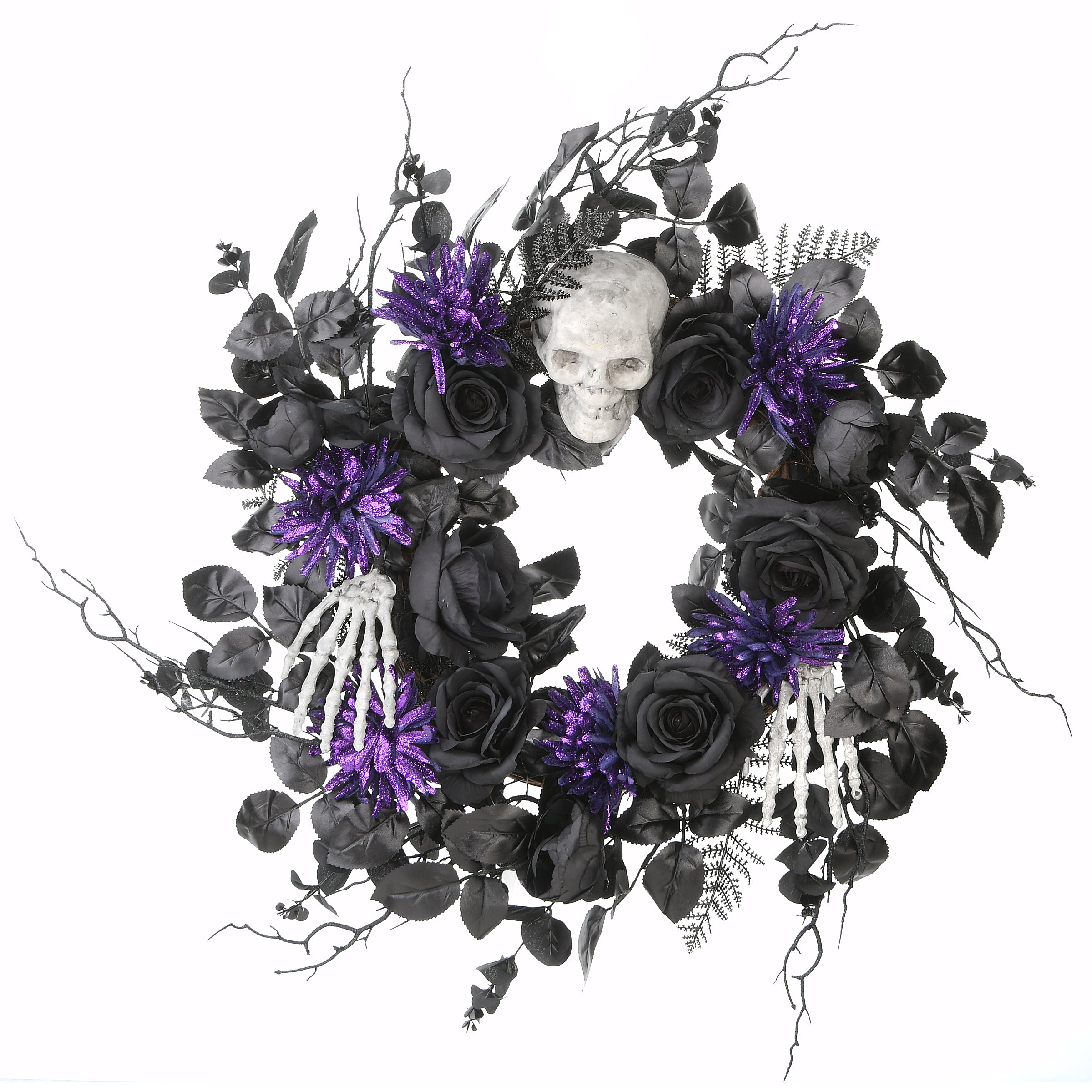 24 in. Halloween Spooky Wreath with Skulls, Roses & Purple Flowers - Gothic Home Decor for Front Door, Window or Party Decoration