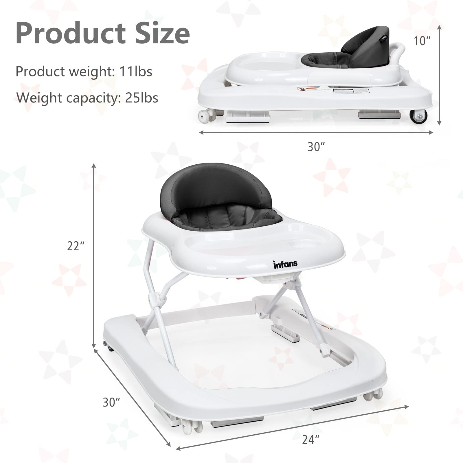 INFANS 3-in-1 Foldable Baby Walker with Adjustable Speed Wheels & Safety Bumper | Convertible Learning Walker for Toddlers (6-18 Months) | Detachable Seat Cover & Anti-Rollover Design - Perfect for First Steps, Indoor Play & Early Learning (Grey)