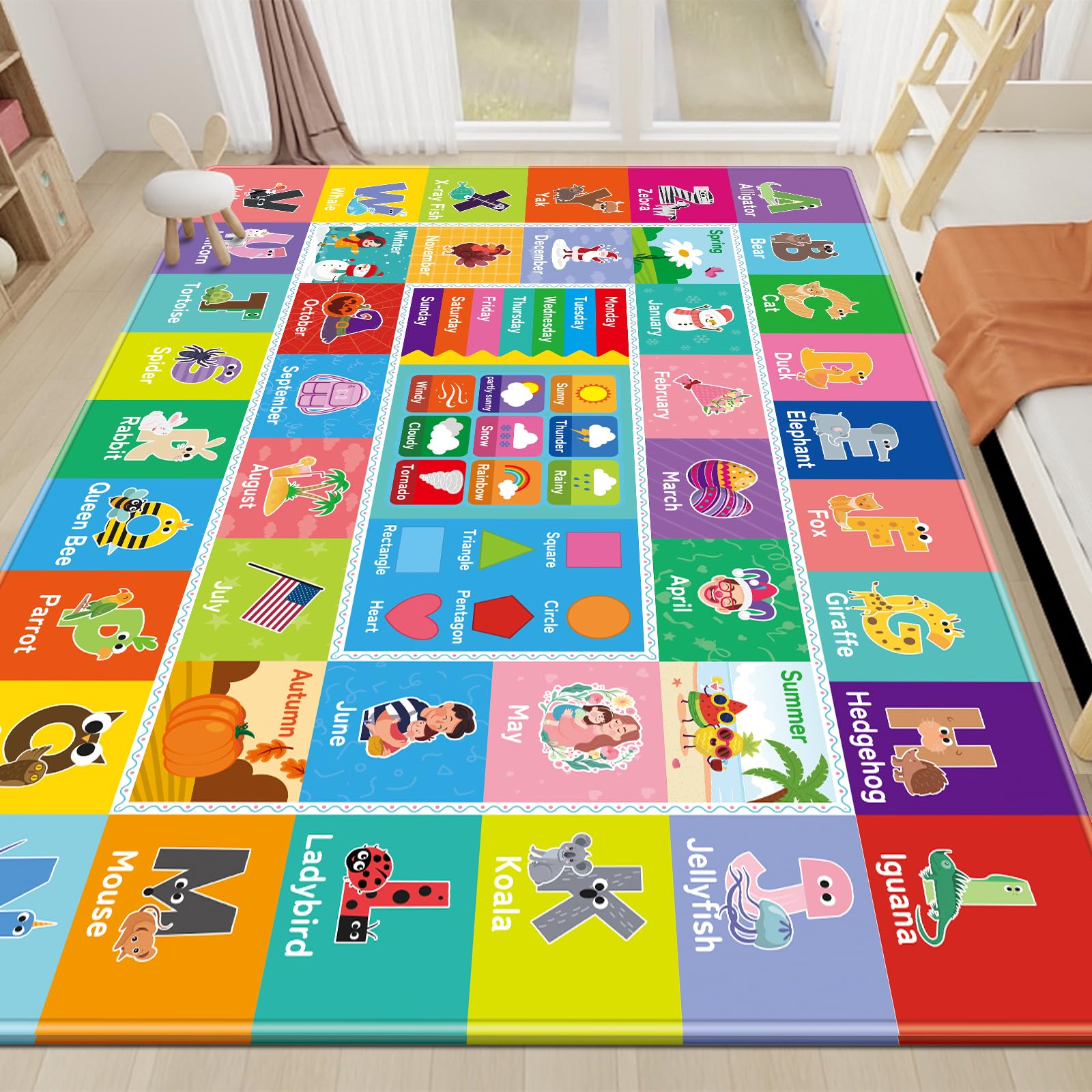 AKASISRUG Educational Kids Playroom Rug - ABC Alphabet, Months, Weather, Week & Shapes Learning Carpet for Toddlers | Non-Slip Nursery Mat for Bedroom, Classroom & Daycare (110.2x78.7 Inch) - Perfect for Early Childhood Education & Interactive Playtime