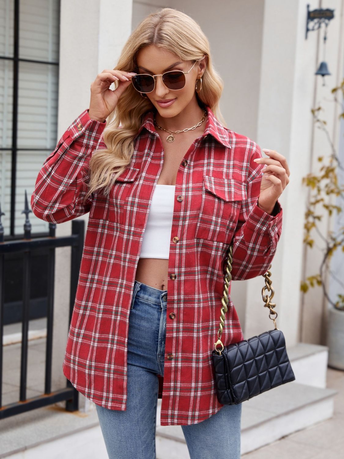 Stylish Mandy Plaid Button-Up Long Sleeve Shirt for Women | Casual & Office Wear | Perfect for Fall & Winter Outfits