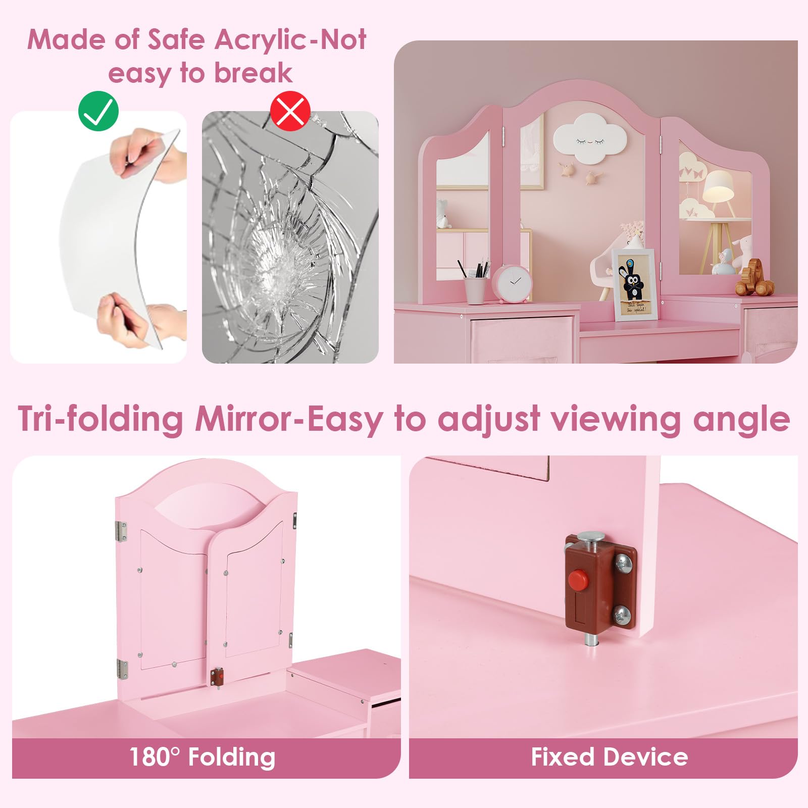 Arlopu Pink Wooden Kids Vanity Set with Tri-Folding Mirror & Stool - Princess Dressing Table for Toddler Girls, Makeup Play Table with Canvas Drawer - Perfect for Birthday Gifts, Pretend Play & Bedroom Decor