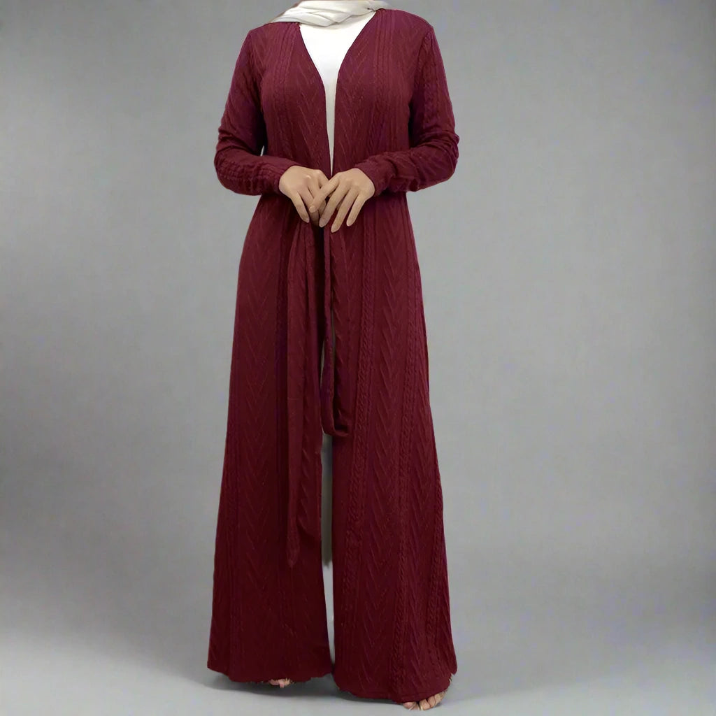 Elegant Winter Knit Open Front Cardigan Abaya Dress for Muslim Women - Pockets Included | Perfect for Prayer, Modest Fashion & Layering