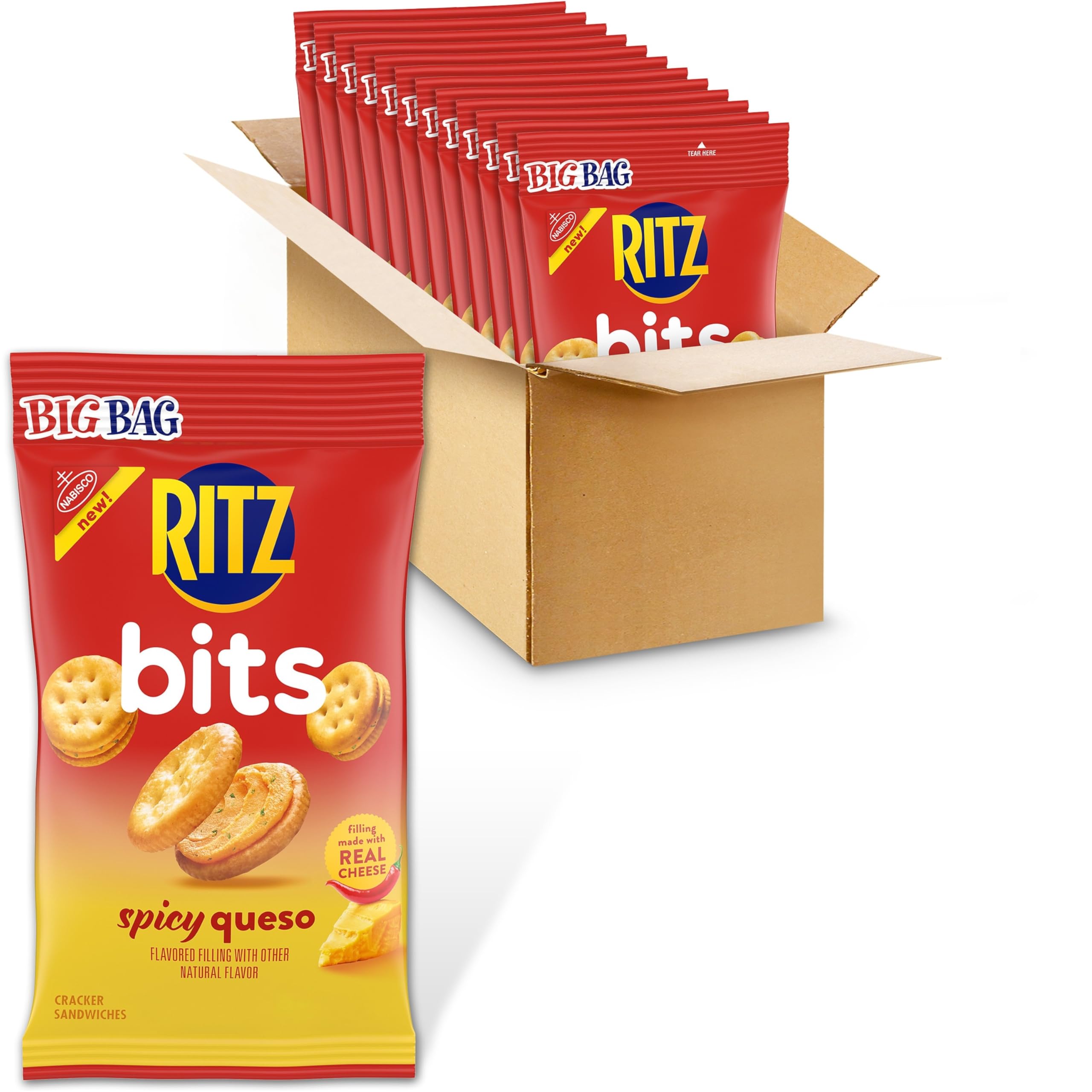 Spicy Queso Sandwich Crackers | RITZ Bits Bulk Snacks for Kids & Adults | 12 Pack (3 oz Bags) | Perfect for School Lunch, Office Snacks & On-the-Go Munching