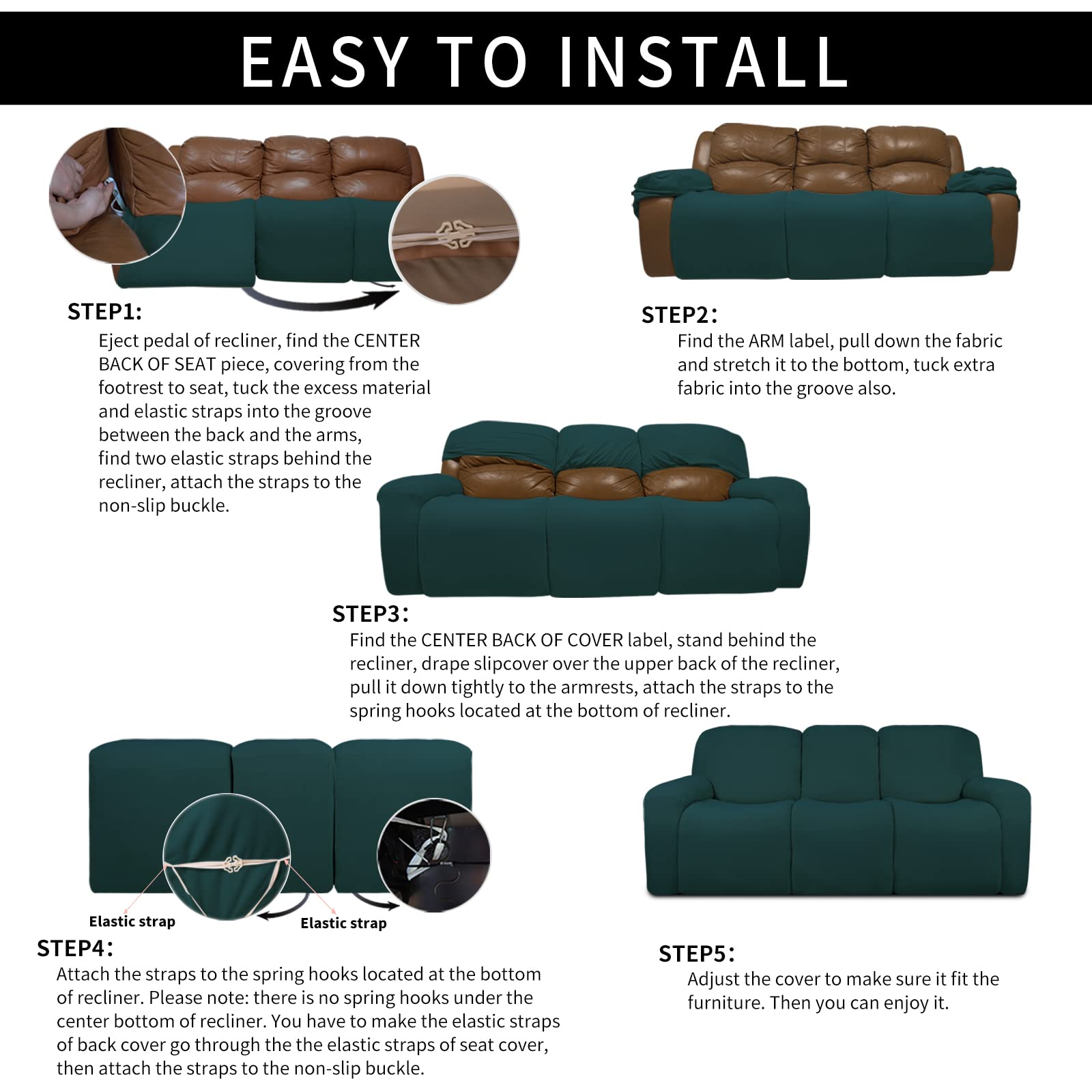 8-Piece Microfiber Stretch Sectional Recliner Sofa Slipcover - Soft Fitted Fleece 3-Seat Couch Cover - Washable Furniture Protector with Elastic Edges for Kids & Pets (Deep Teal) - Perfect for Living Room, Family Room & Home Theater Comfort