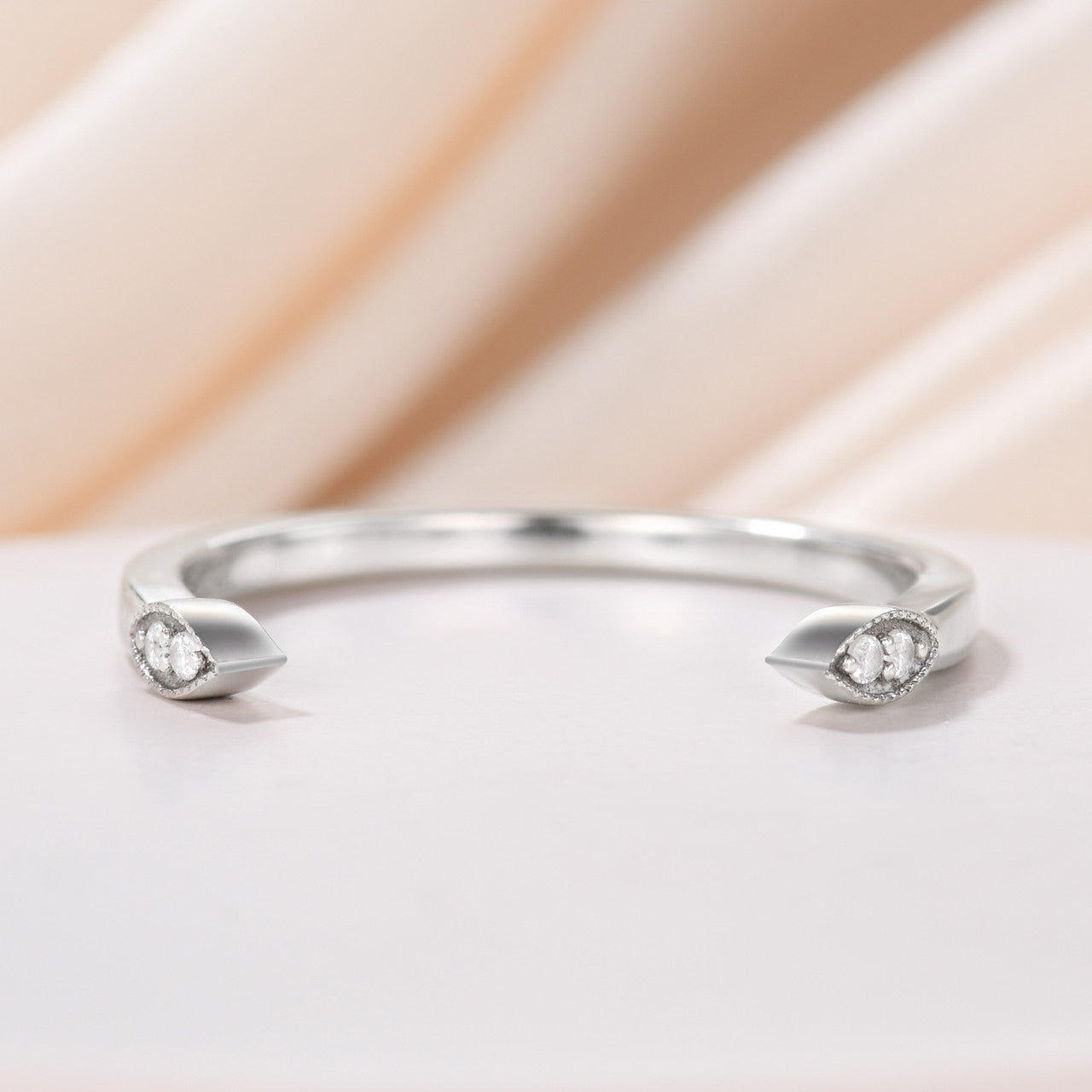 14K White Gold Marquise Double Diamond Open Ring - Adjustable Cuff Ring for Women, Elegant Bridal Jewelry, Perfect for Weddings, Anniversaries & Special Occasions