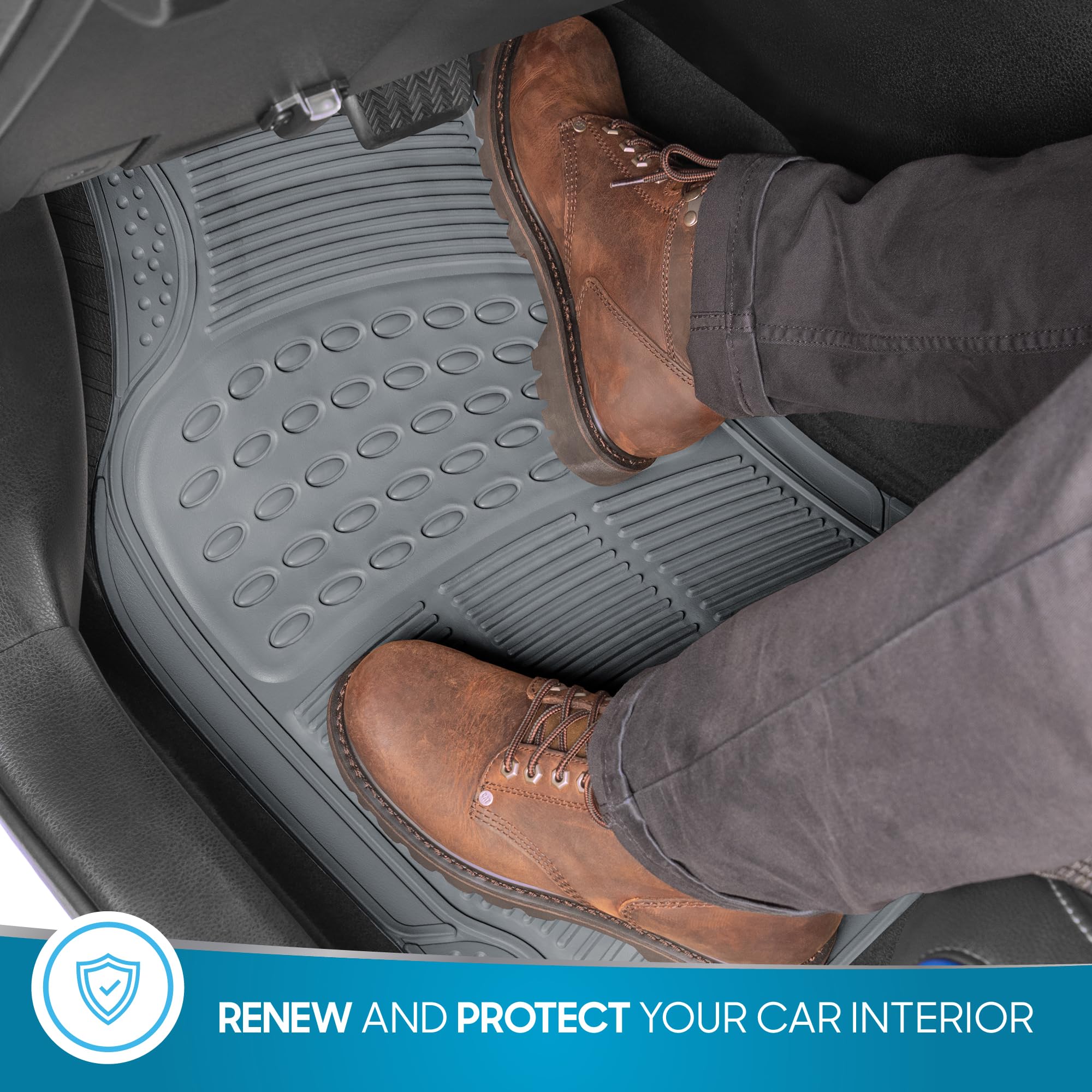 BDK Original ProLiner 3-Piece Heavy Duty Rubber Floor Mats for Cars, SUVs, Vans & Trucks - All Weather Protection, Universal Fit, Gray | Perfect for Muddy Boots, Snowy Days & Off-Road Adventures