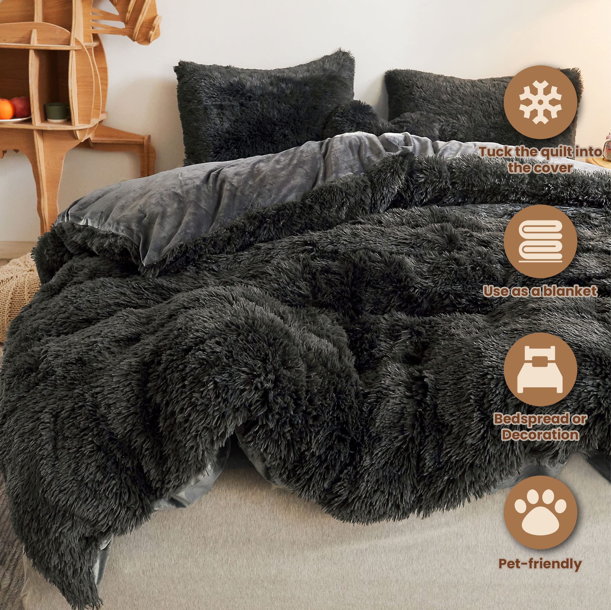 Luxury Shaggy Plush Duvet Cover Set - Soft 3-Piece Fluffy Faux Fur Comforter Cover Queen Size, Fuzzy Velvet Bedding with Zipper Closure (1 Duvet Cover + 2 Pillowcases) for Cozy Winter Nights - Dark Grey