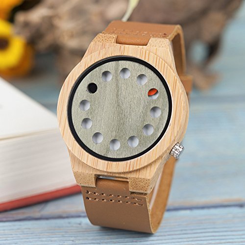BOBO BIRD Men's Bamboo Wooden Watch - Black Genuine Leather Strap with 12 Holes, Minimalist Wood Grain Design for Casual & Sports Wear - Perfect for Outdoor Activities, Office & Everyday Use
