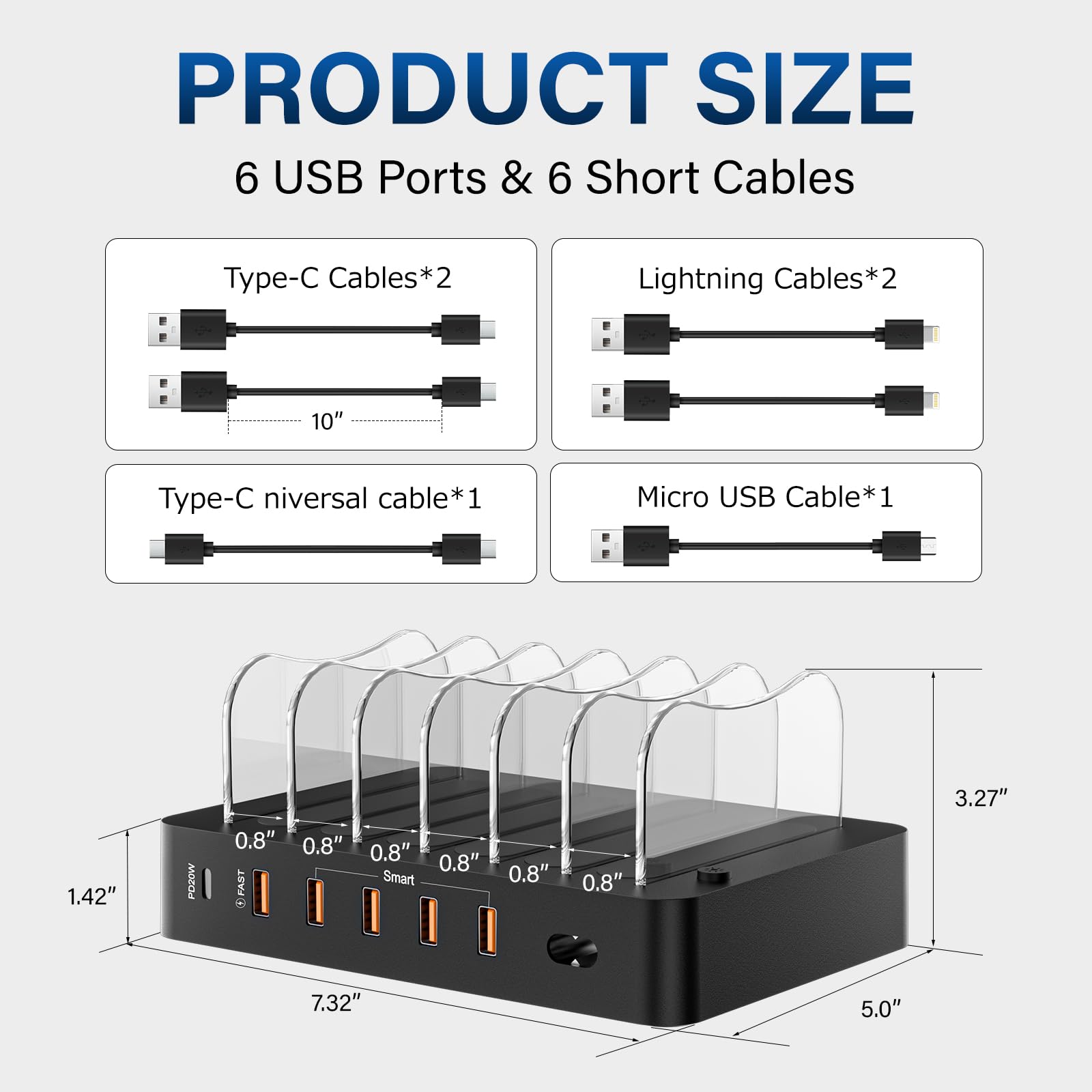 68W 6-Port Fast Charging Station with 6 Cables - for iPhone, iPad, Tablets & More (Black) - Perfect for Home & Office Use