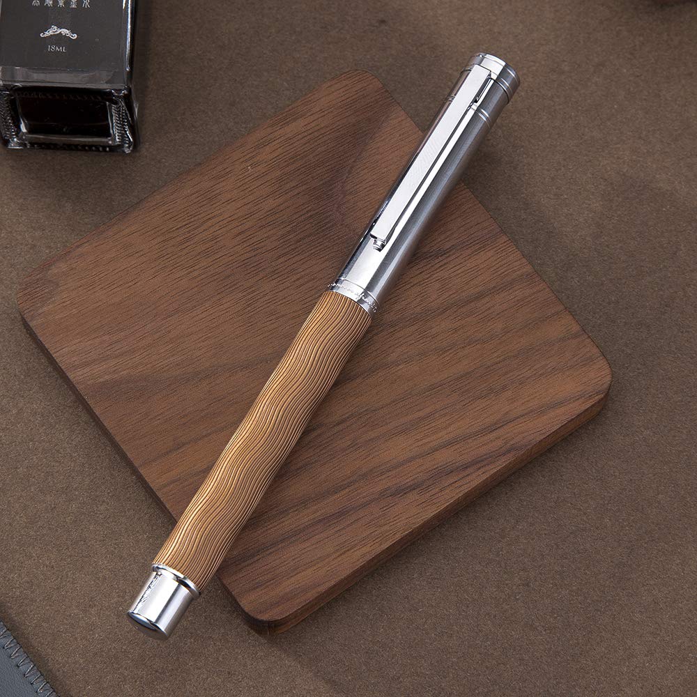 Hongdian 1843 Brown Fountain Pen - Extra Fine Nib, Solid Metal Body with Elegant Ripple Pattern | Includes Refillable Ink Converter & Premium Metal Pen Case | Perfect for Calligraphy, Journaling & Professional Writing