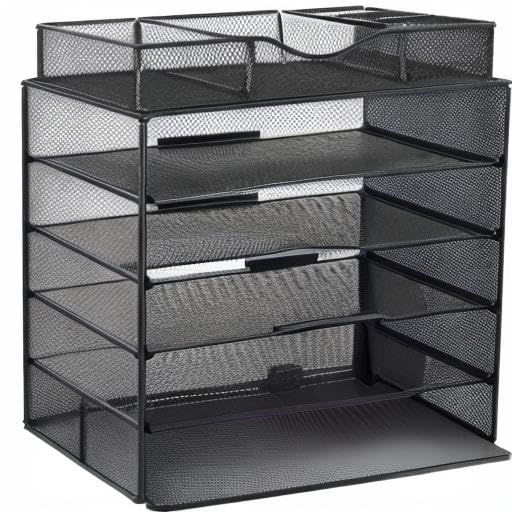 5-Tier Mesh Desk Organizer with Drawer - Black File Sorter & Paper Storage Tray for Home, Office, Classroom Organization | Perfect for Documents, Stationery, and Office Supplies